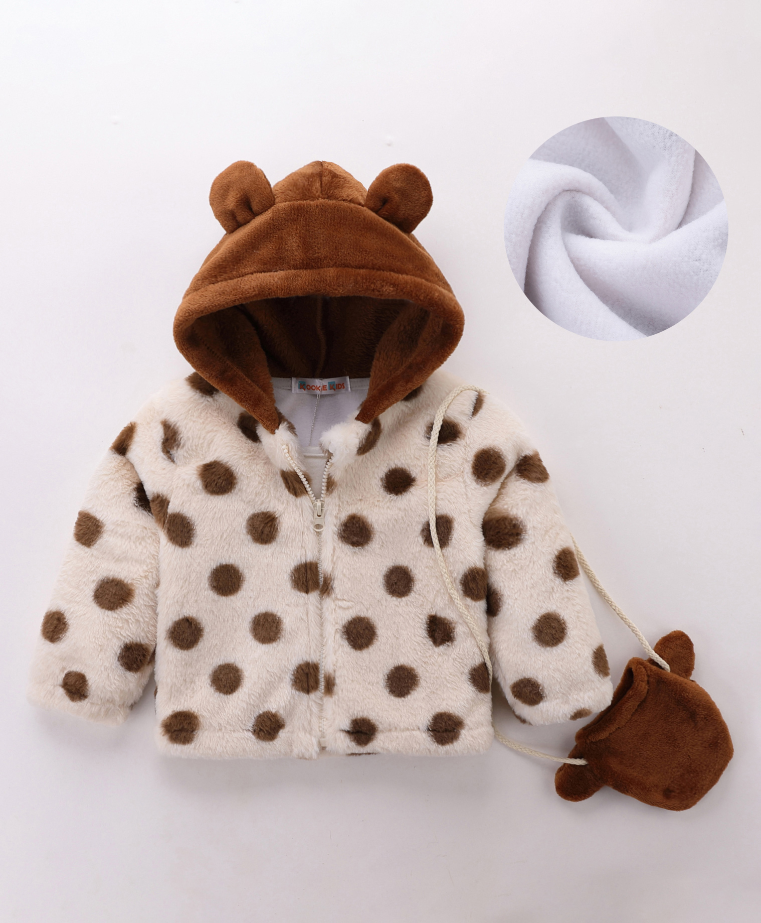 Kookie Kids Full Sleeves Hooded Sweatjacket with Polka Dots Print - Brown-picture-24