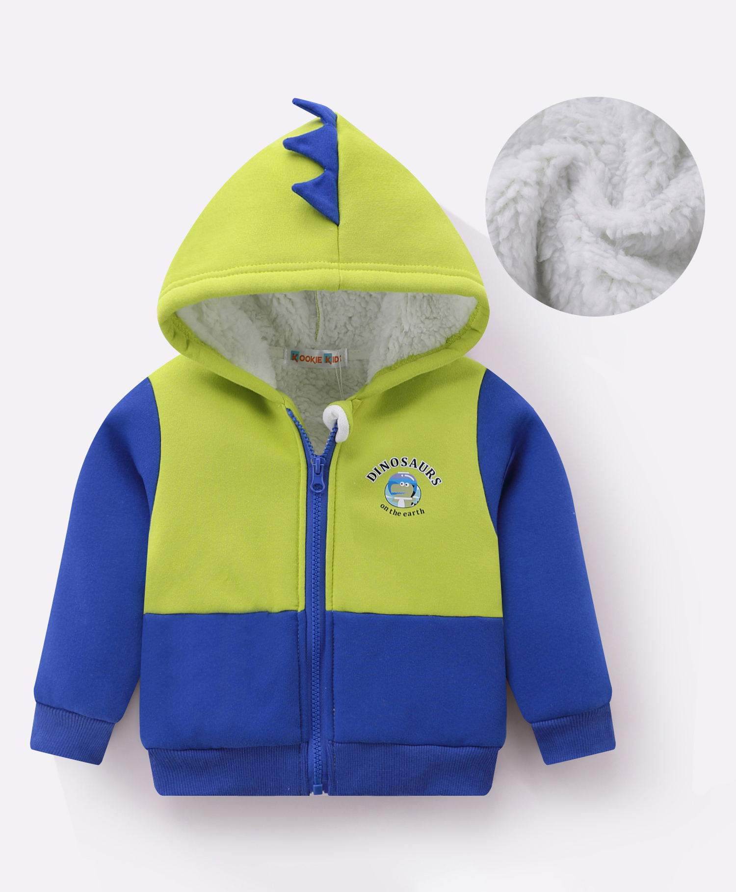 Kookie Kids Full Sleeves Hooded Sweatjacket with Dino Print - Blue & Green-image-37