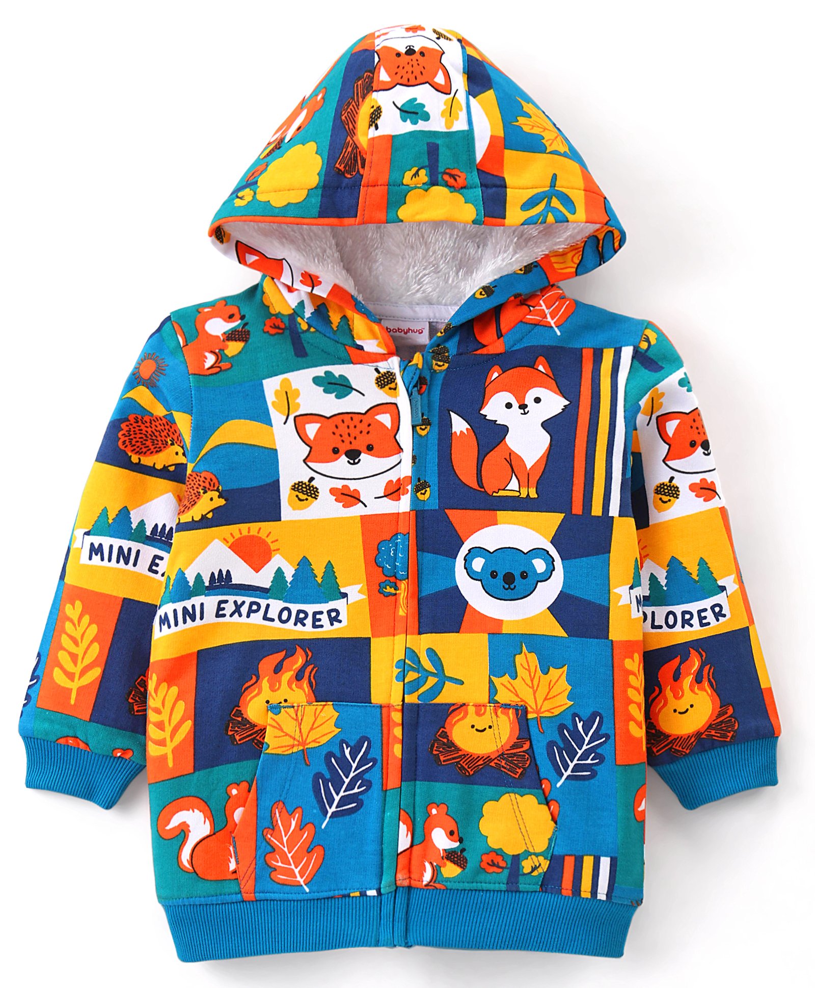 Babyhug Cotton Knit Full Sleeves Hooded Sweatshirts with Animals Print & Kangaroo Pockets - Blue & Yellow-image-27