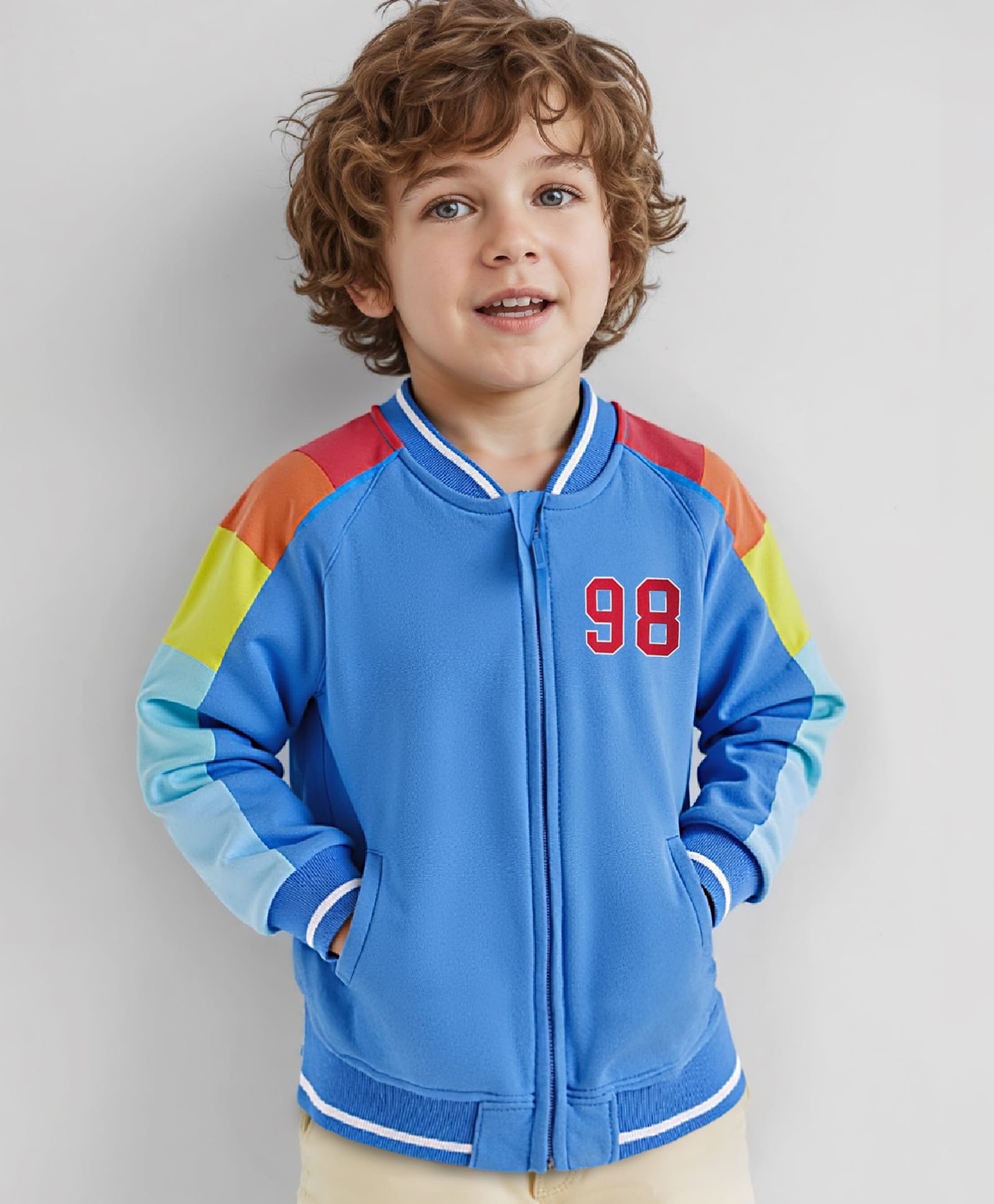 Babyhug Cotton Knit Full Raglan Sleeves Front Open Bomber Jacket with Colour Block Design on Sleeves - Blue-picture-16