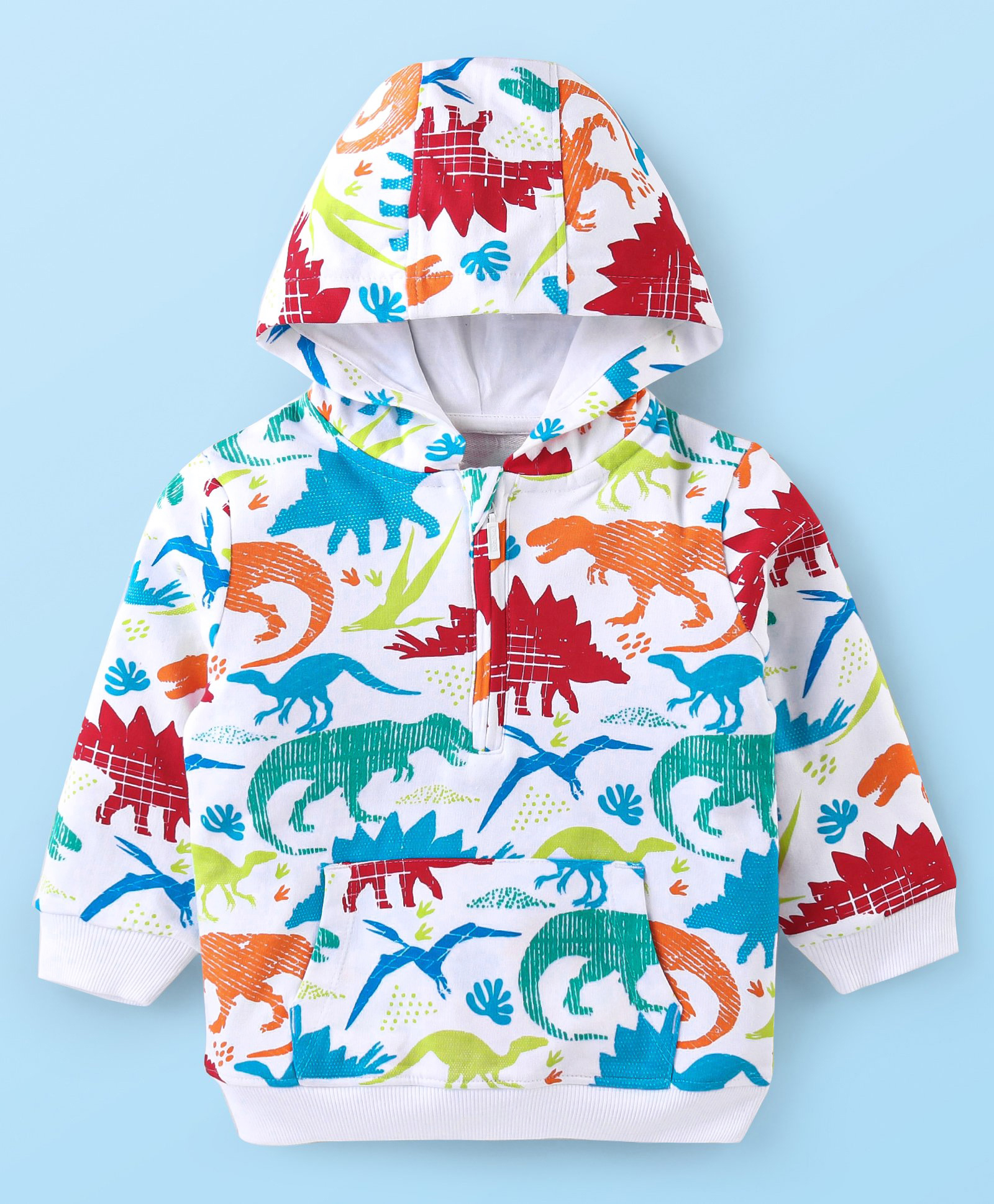 Babyhug Cotton Knit Full Sleeves Hooded Sweatshirt with Dino Print & Kangaroo Pockets - White
