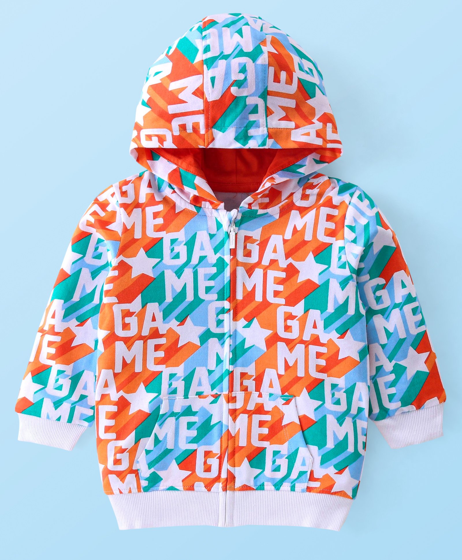 Babyhug Cotton Knit Full Sleeves Hooded Front Open Sweatjacket with Text Print & Kangaroo Pockets - White