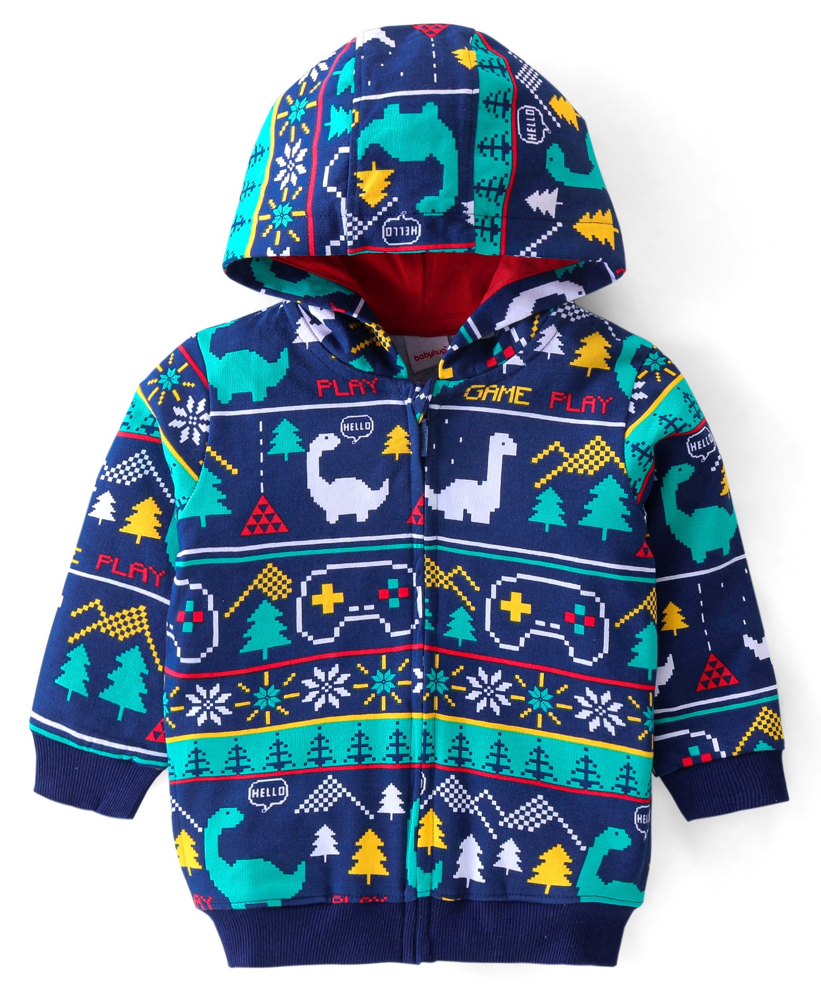 Babyhug Cotton Knit Full Sleeves Hooded Front Open Sweatjacket with Dino Print - Navy Blue-picture-15