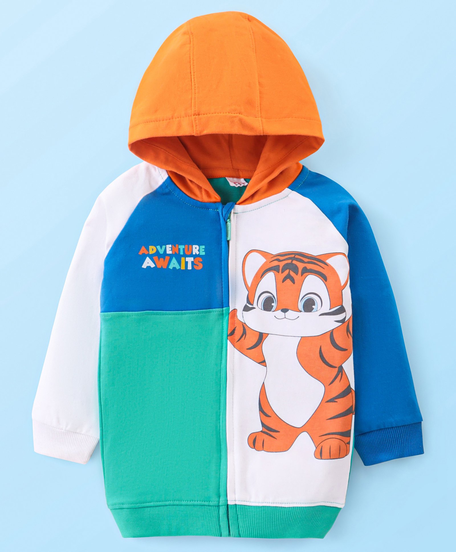 Babyhug Cotton Knit Full Raglan Sleeves Front Open Hooded Sweatjacket with Cut & Sew Design & Tiger Print - Multicolour-picture-20