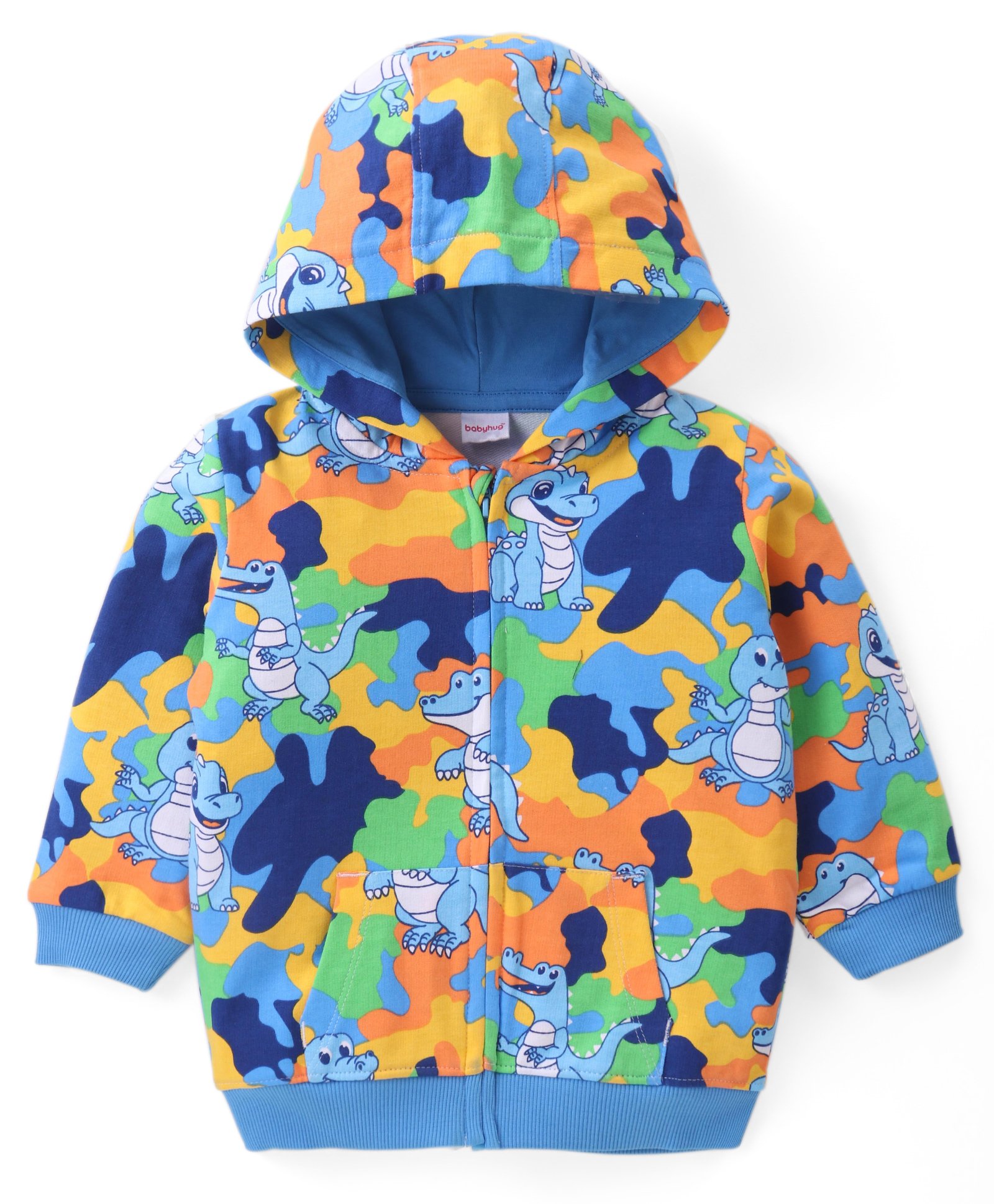 Babyhug Cotton Knit Full Sleeves Hooded Front Open Sweatjacket with Dino Print - Blue-image-35