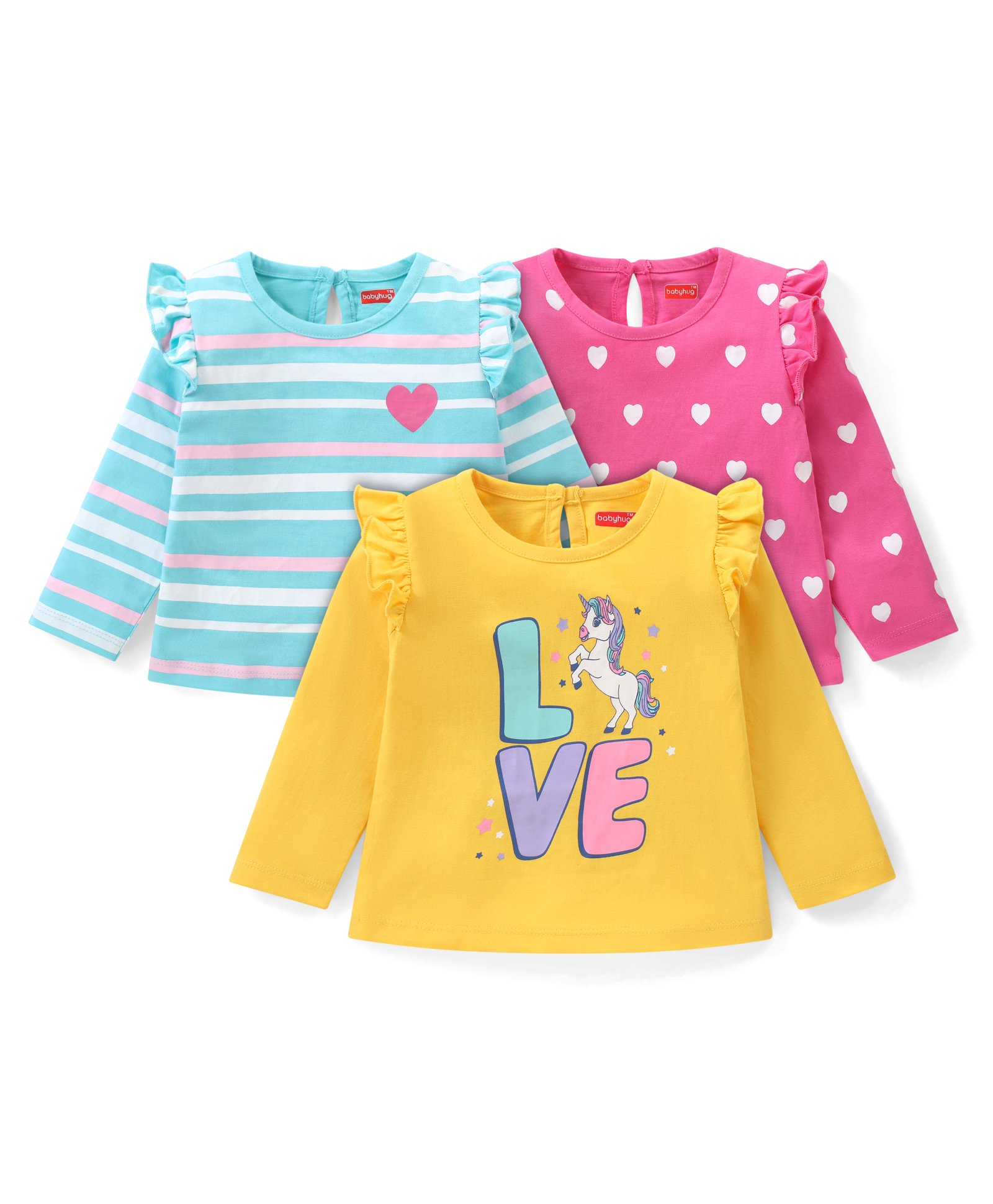 Babyhug Cotton Knit Full Sleeves Tops with Frill Detailing Text & Heart Print Pack of 3 - Multicolor-picture-25
