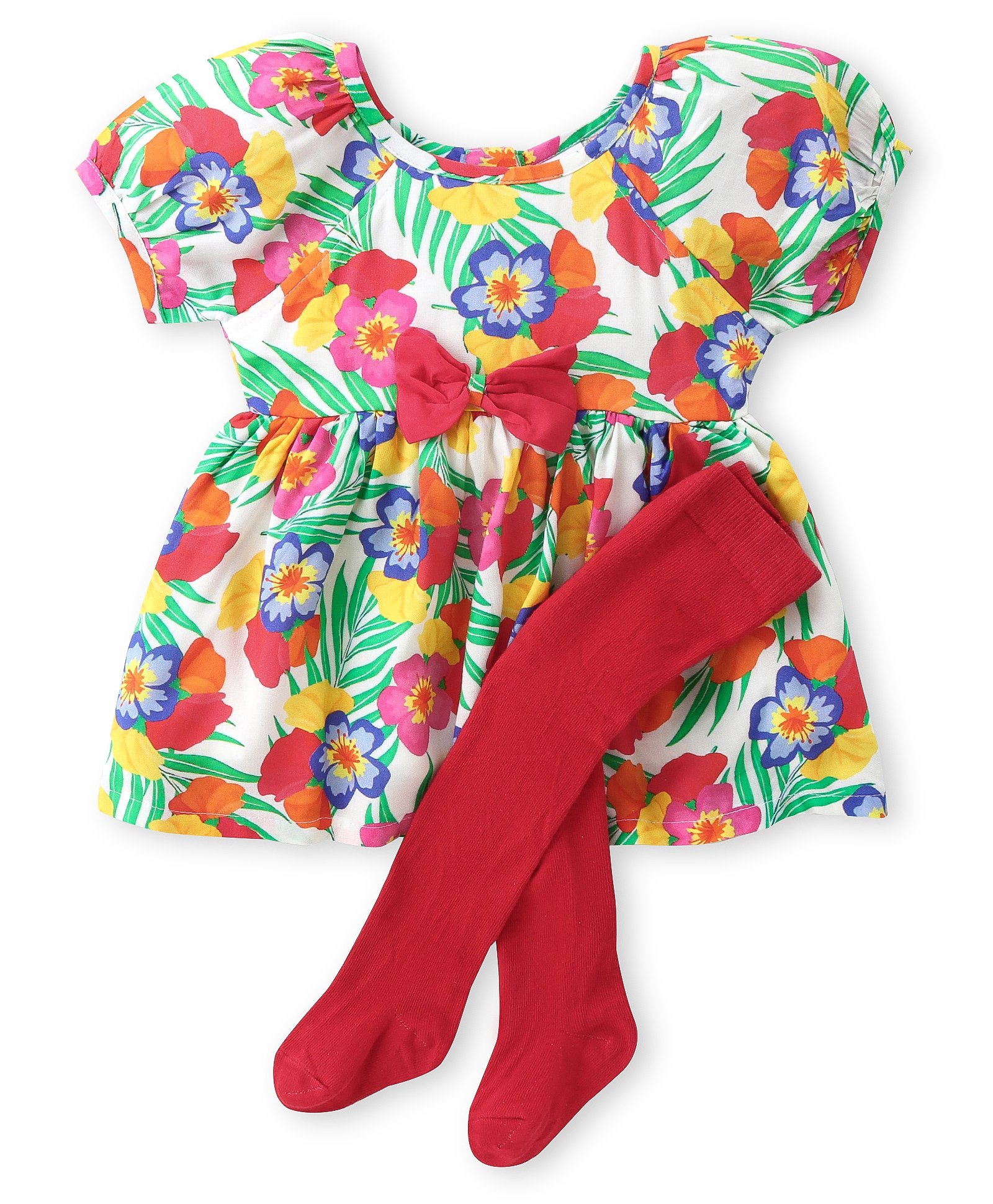 Babyhug Cotton Woven Half Sleeves Floral Printed Frock With Stockings & Bow Applique - Red & White-picture-23