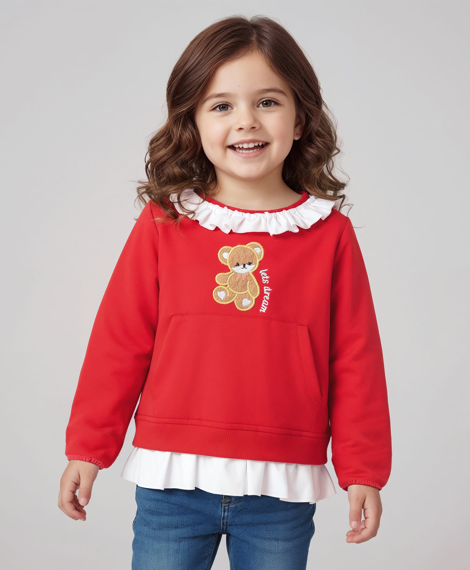 Kookie Kids Terry Knit Full Sleeves Sweatshirt with Frill Detailing & Bear Embroidery - Red-image-27
