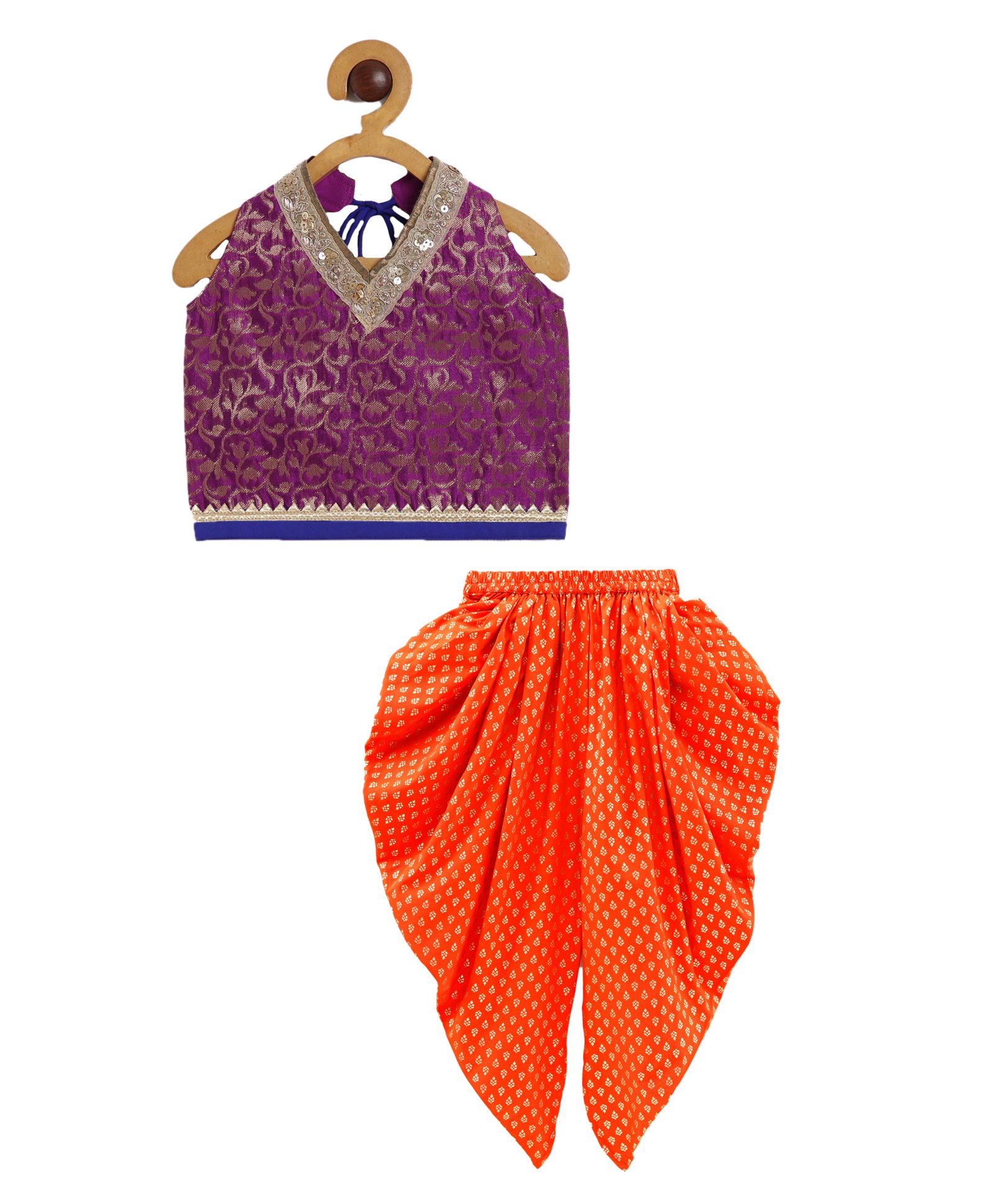 Twisha Sleeveless Halter Neck Floral Printed & Lace Embellished Top With Dhoti - Magenta & Orange-image-46