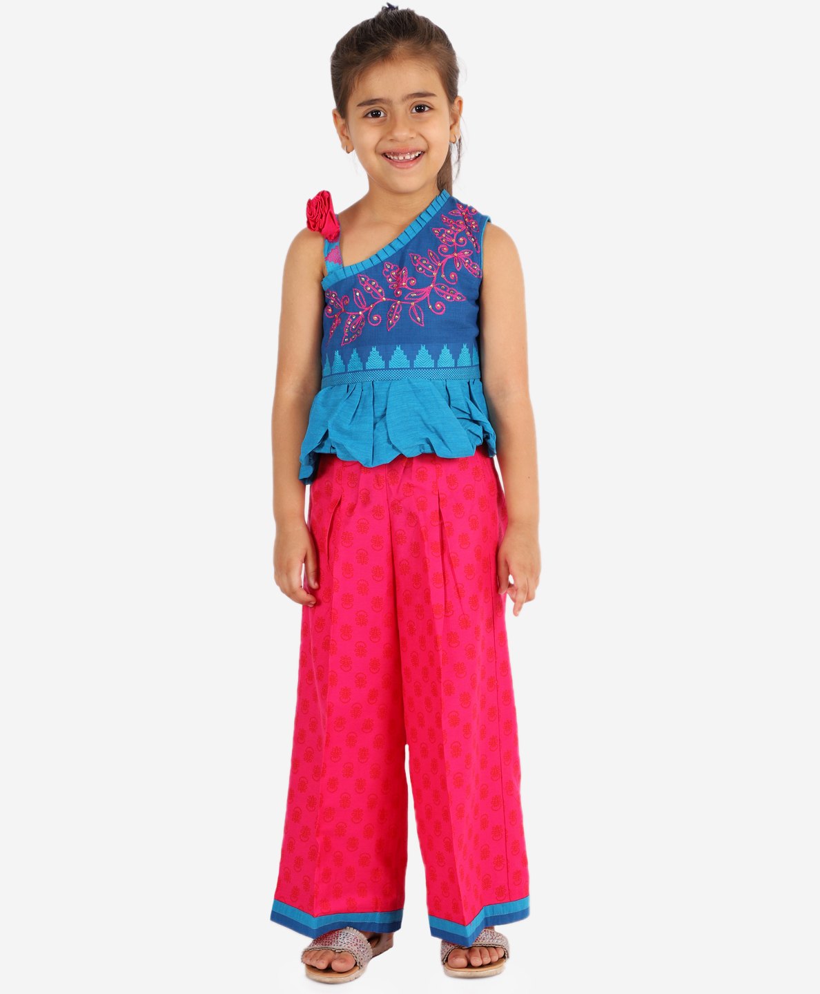 Twisha Cotton One Shoulder Floral Embroided & Applique Detailed Top With Palazzo Set - Blue & Pink-image-37