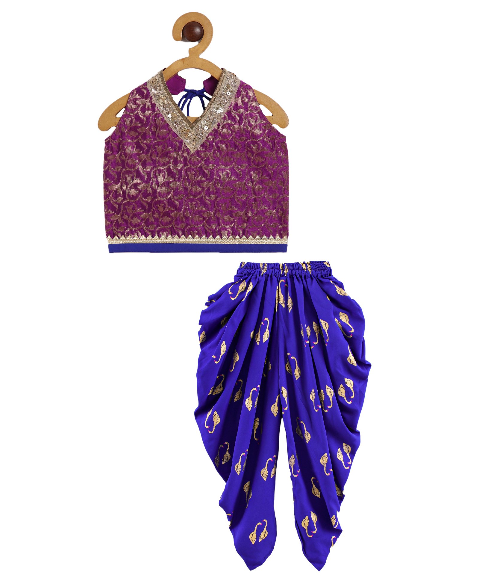 Twisha Sleeveless Halter Neck Floral Printed & Lace Embellished Top With Dhoti - Magenta & Blue-image-48
