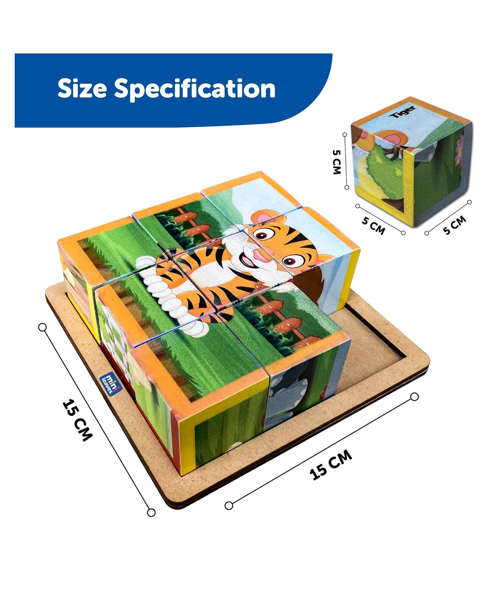 minileaves Mini Leaves 6 in 1 Wooden Cube Puzzle Wooden Blocks for Kids | Animals 6 Sides with 6 Animal with Storage Tray-picture-16