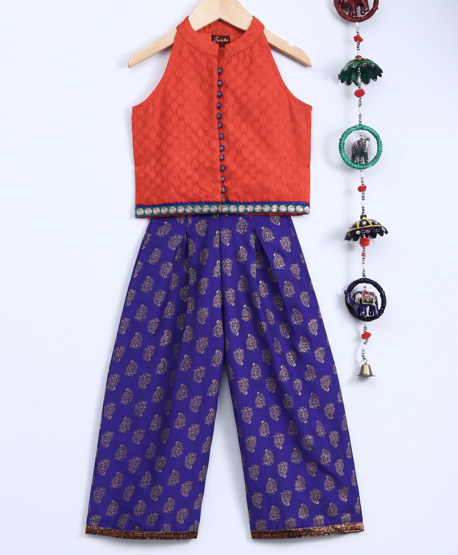 Twisha Sleeveless Incut Design Top With Foil Printed & Lace Embellished Palazzo Set - Orange & Blue-image-28