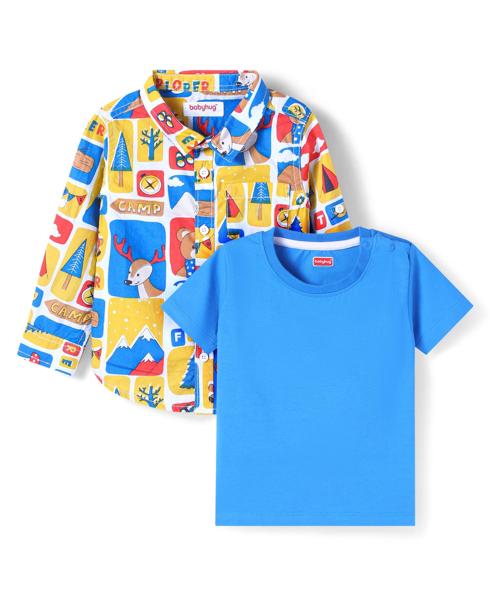 Babyhug Cotton Woven Knit Full Sleeve Shirt & T-Shirt with Reindeer Design - Mustard-picture-12