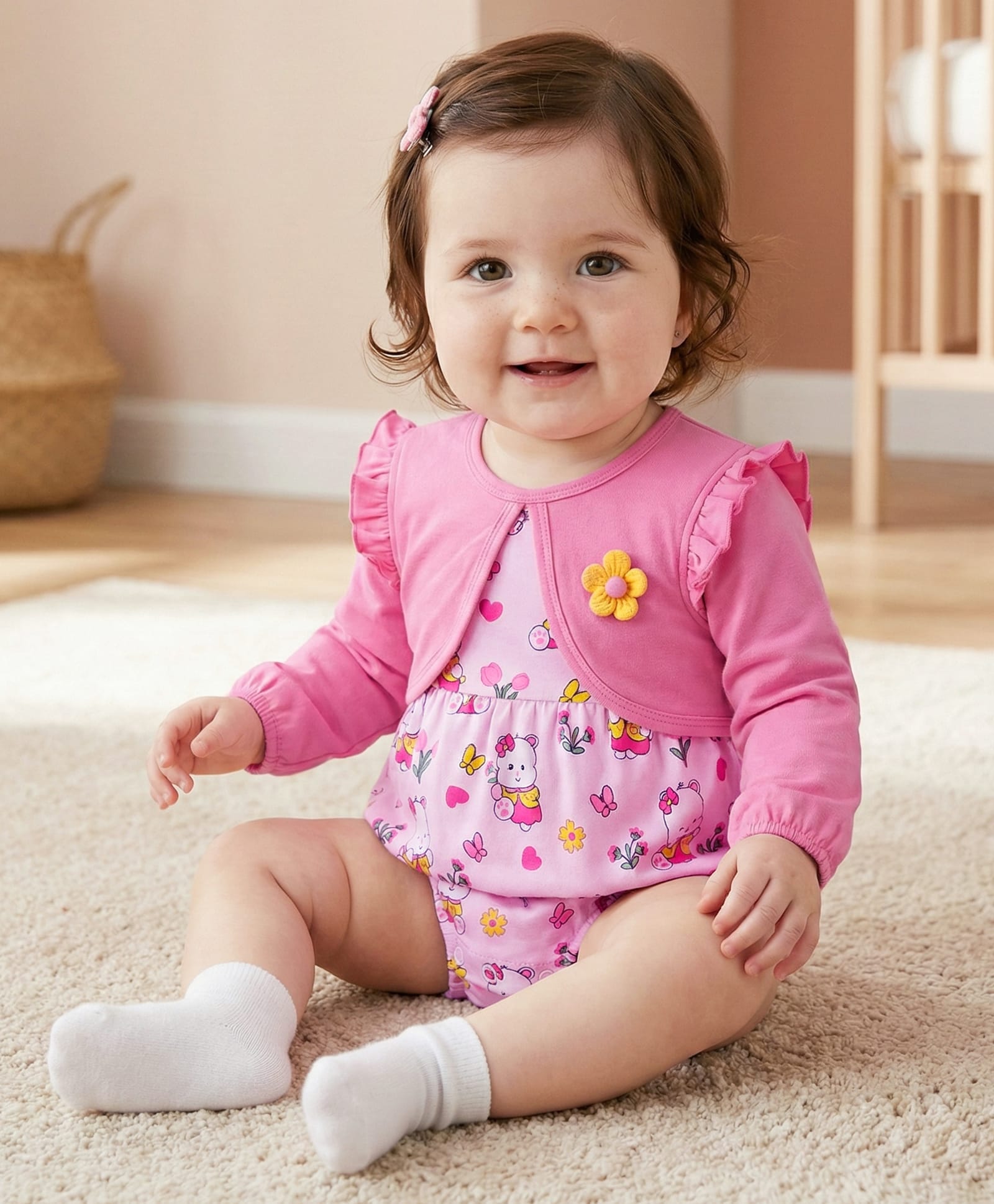 Babyoye Cotton Knit Full Sleeves Onesies with Bear Print Floral Applique & Frill Deatailing - Pink-image-25