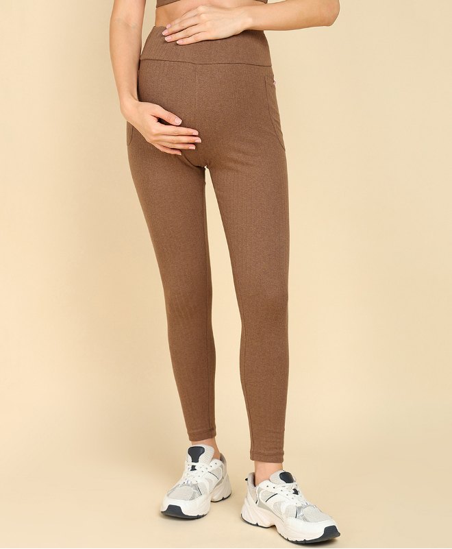 Zelena Solid Ultrastretch  Maternity Leggings With Pocket -  Brown-picture-30