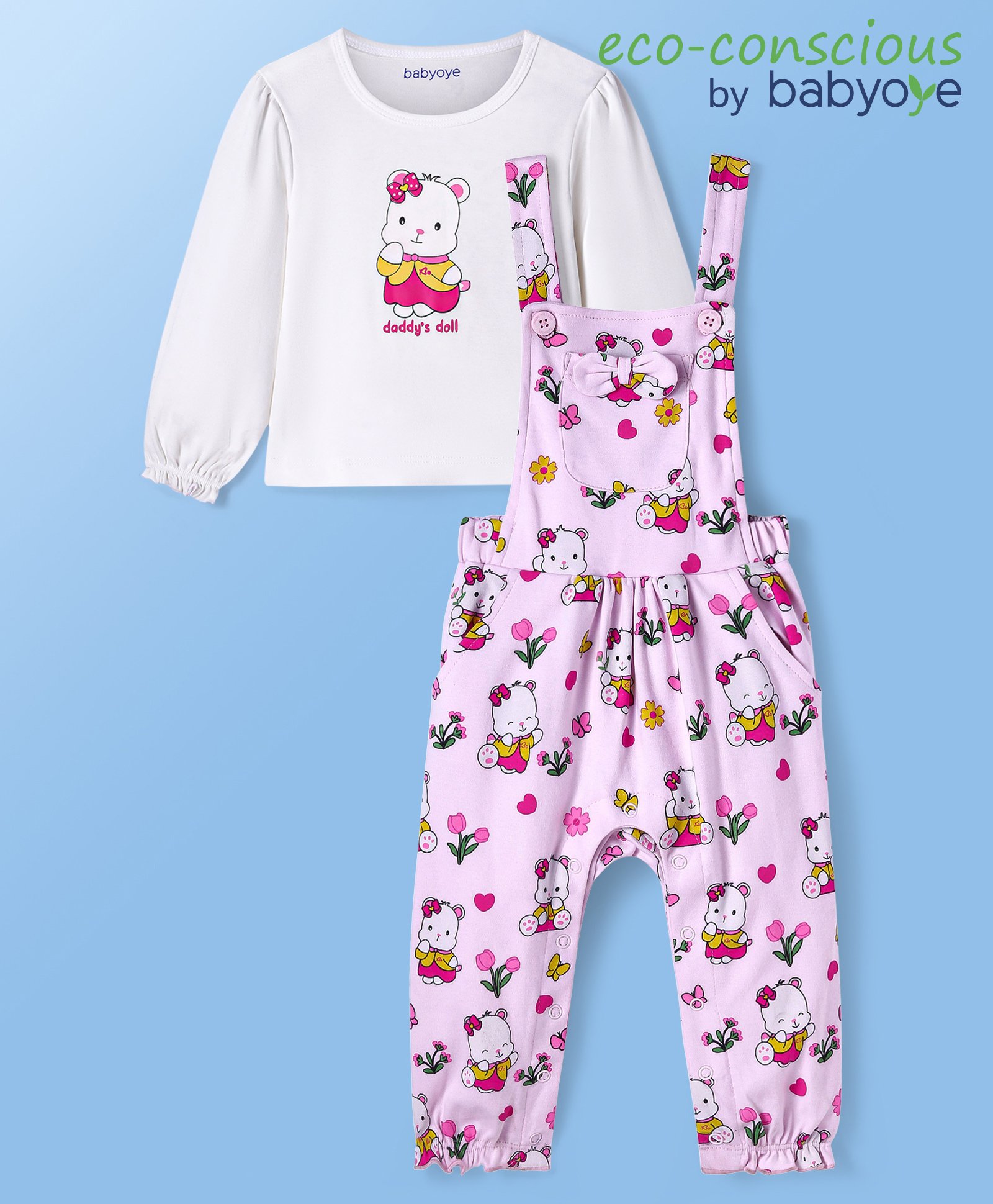Babyoye Cotton Knit Dungaree & Full Sleeves Inner Tee Teddy Print -  Pink & White-image-21