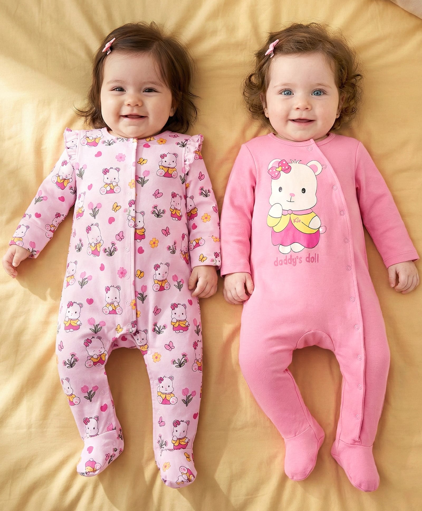 Babyoye Cotton Knit Full Sleeves Footed Sleep Suits with Bear Print Pack of 2 - Pink