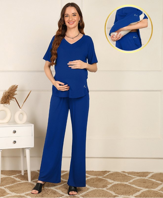Zelena Viscose Half Sleeves Extra Stretchable Solid Top & Pyjama Set - Blue-picture-13
