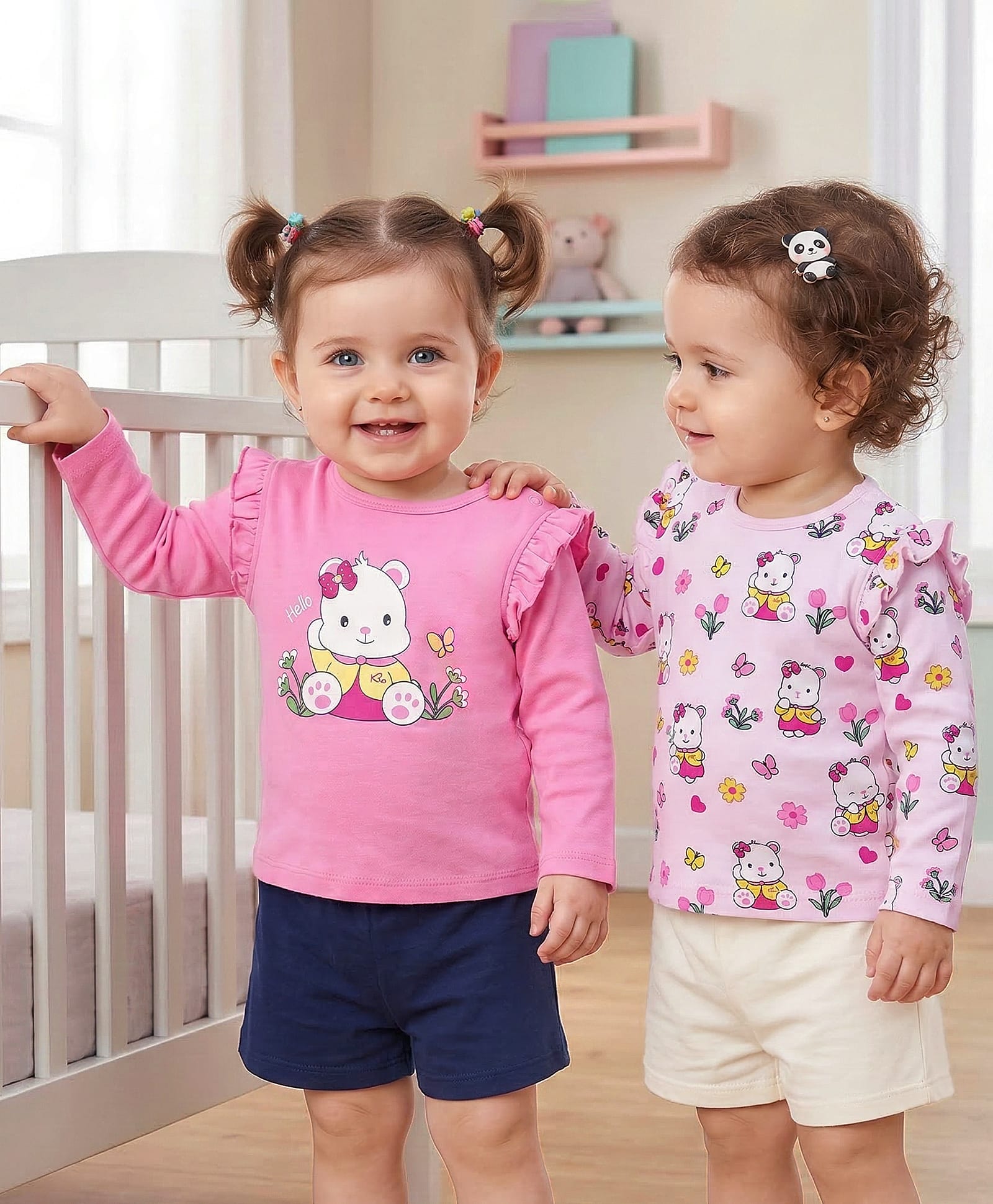 Babyoye Full Sleeves Cotton Tops with Teddy Print & Frill Detailing Pack of 2 - Pink-image-11