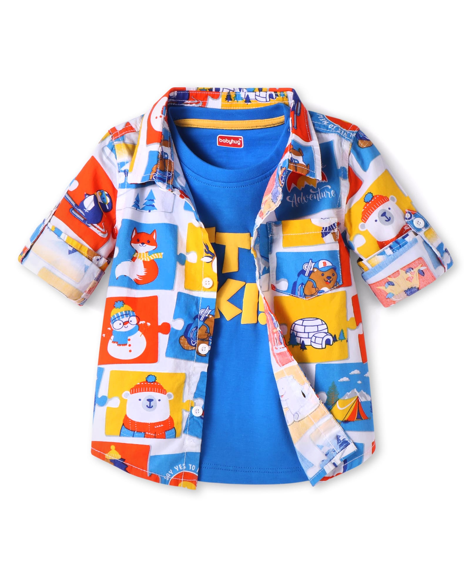 Babyhug Cotton Woven Full Sleeves Adventure Theme Shirt With T-Shirt - Blue-image-48