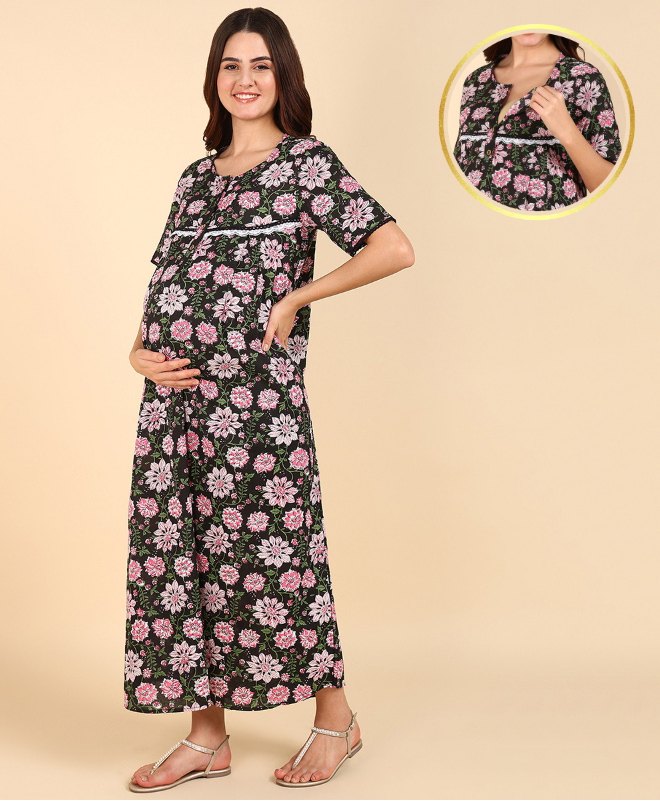 Zelena 100% Cotton Half Sleeves Floral Printed Zipless Maternity Nighty - Black-image-47