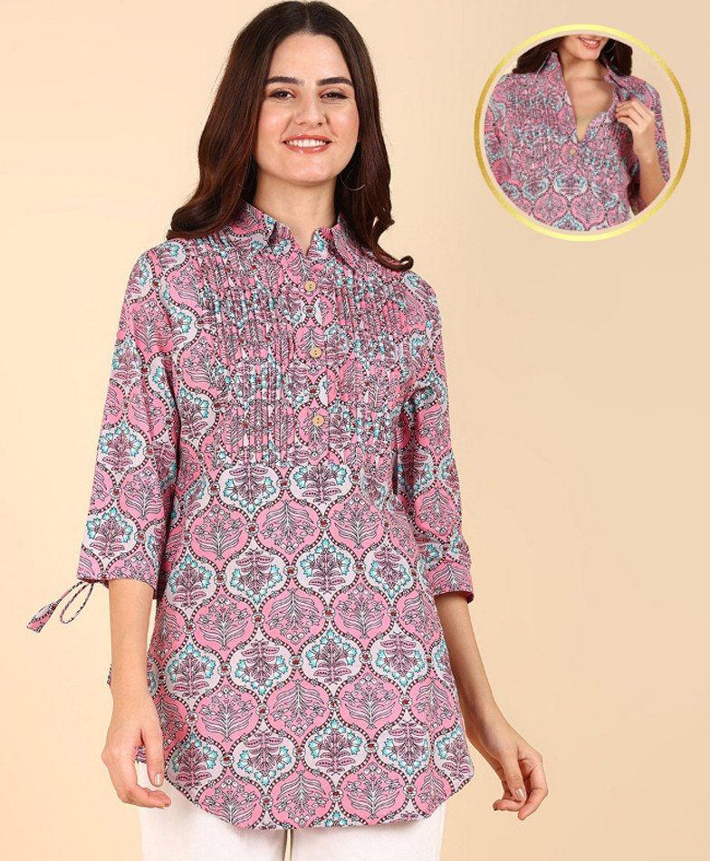 Zelena 100% Cotton Three Fourth Sleeves Floral Printed Zipless Feeding Maternity Top - Multi Colour-picture-28