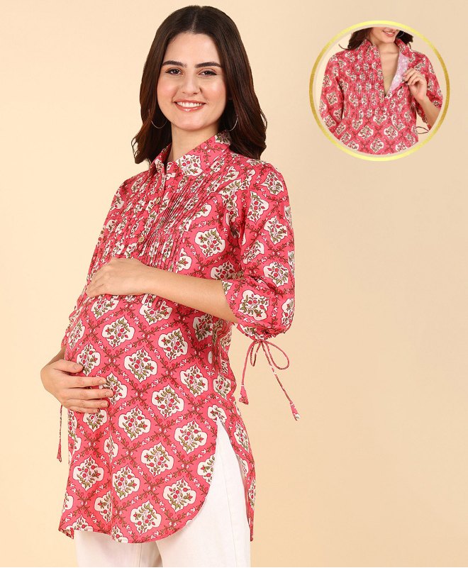 Zelena 100% Cotton Three Fourth Sleeves Floral Printed Zipless Maternity Tops - Multi Colour-picture-40