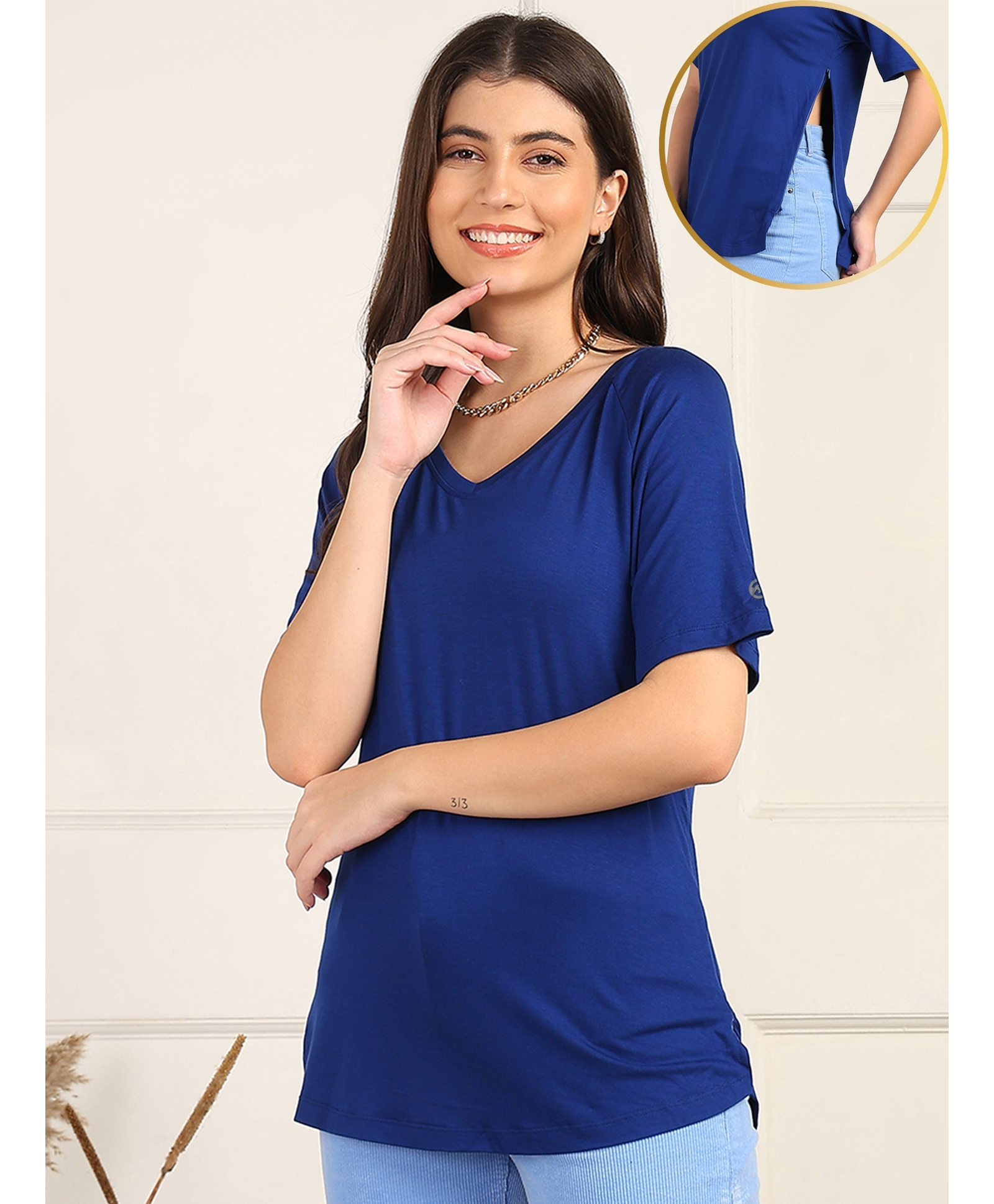 Zelena Viscose Half Sleeves Solid Extra Stretchable Top With Zip - Blue-picture-11