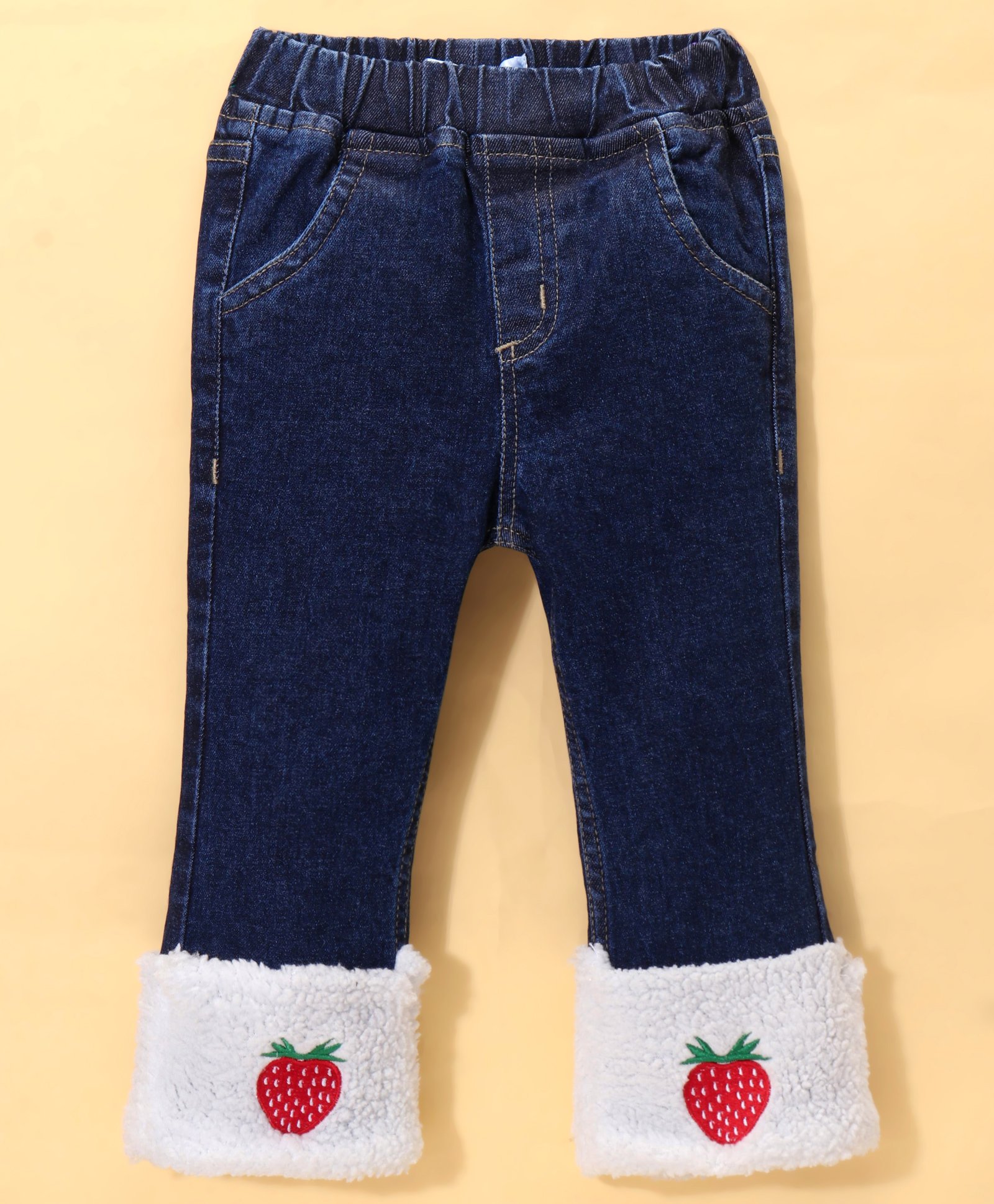 Kookie Kids Cotton Lycra Bell Bottom Denim Jeans With Sherpa & Strawberry Embroidery Detailing - Blue-picture-14
