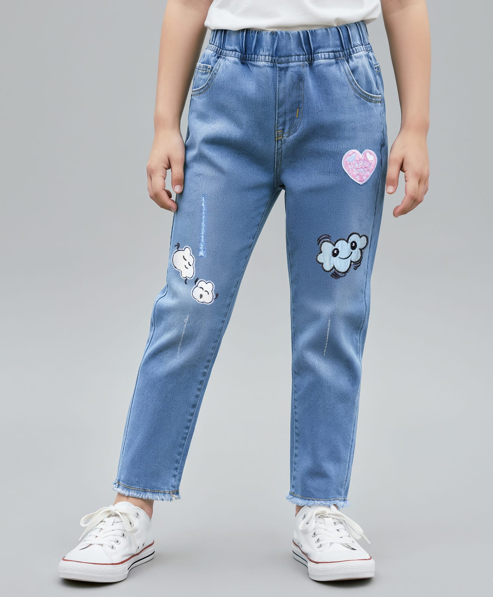 Kookie Kids Cotton Lycra Denim Full Length Jeans With Mild Distress & Embroidery Detailing - Blue-picture-23