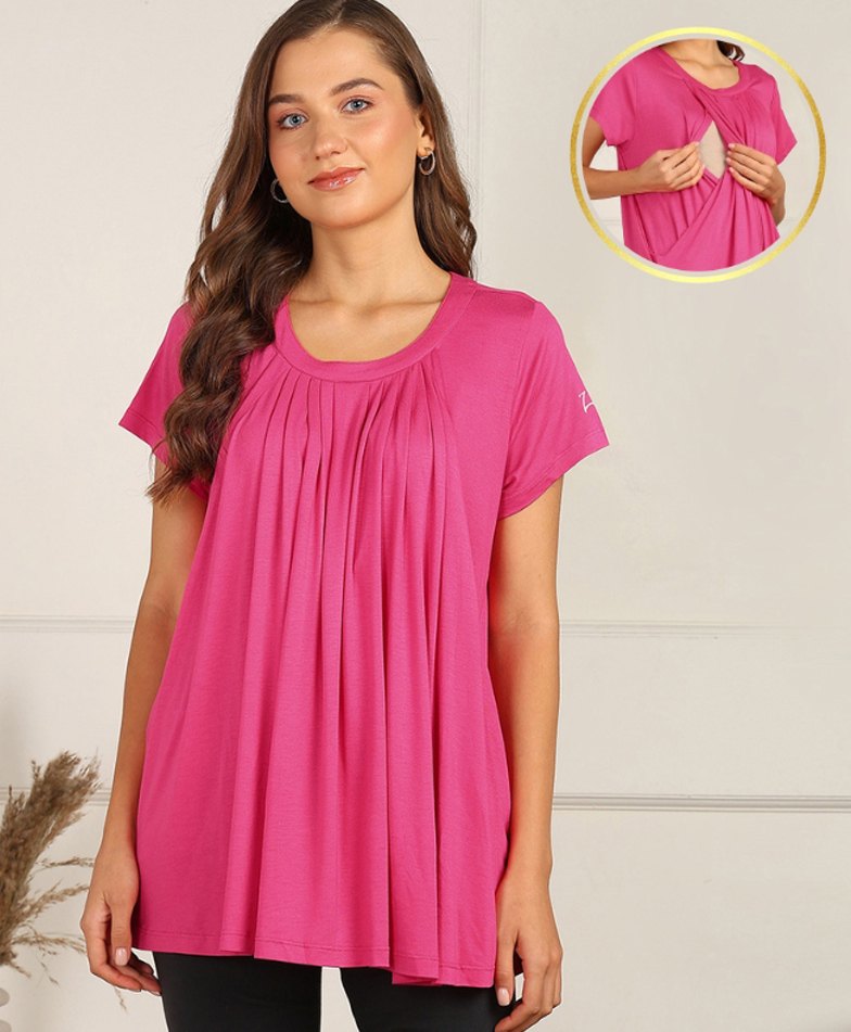 Zelena Viscose Half Sleeves Solid Extra Stretchable Maternity Top With Concealed Zipper Nursing Access - Fuchsia-picture-10
