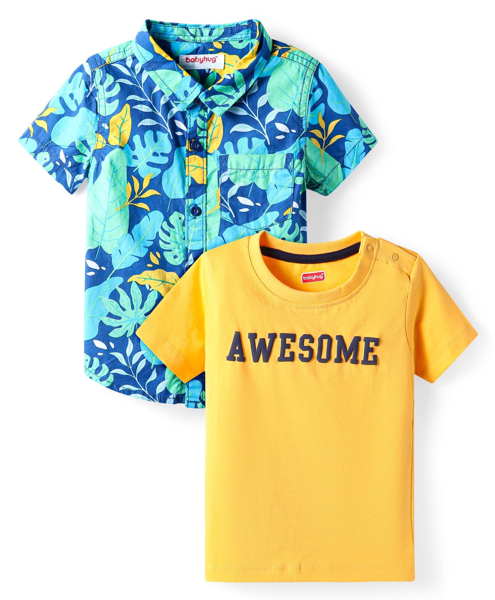 Babyhug Cotton Woven Half Sleeves Text Print Shirt with T-Shirt - Blue & Yellow-picture-10
