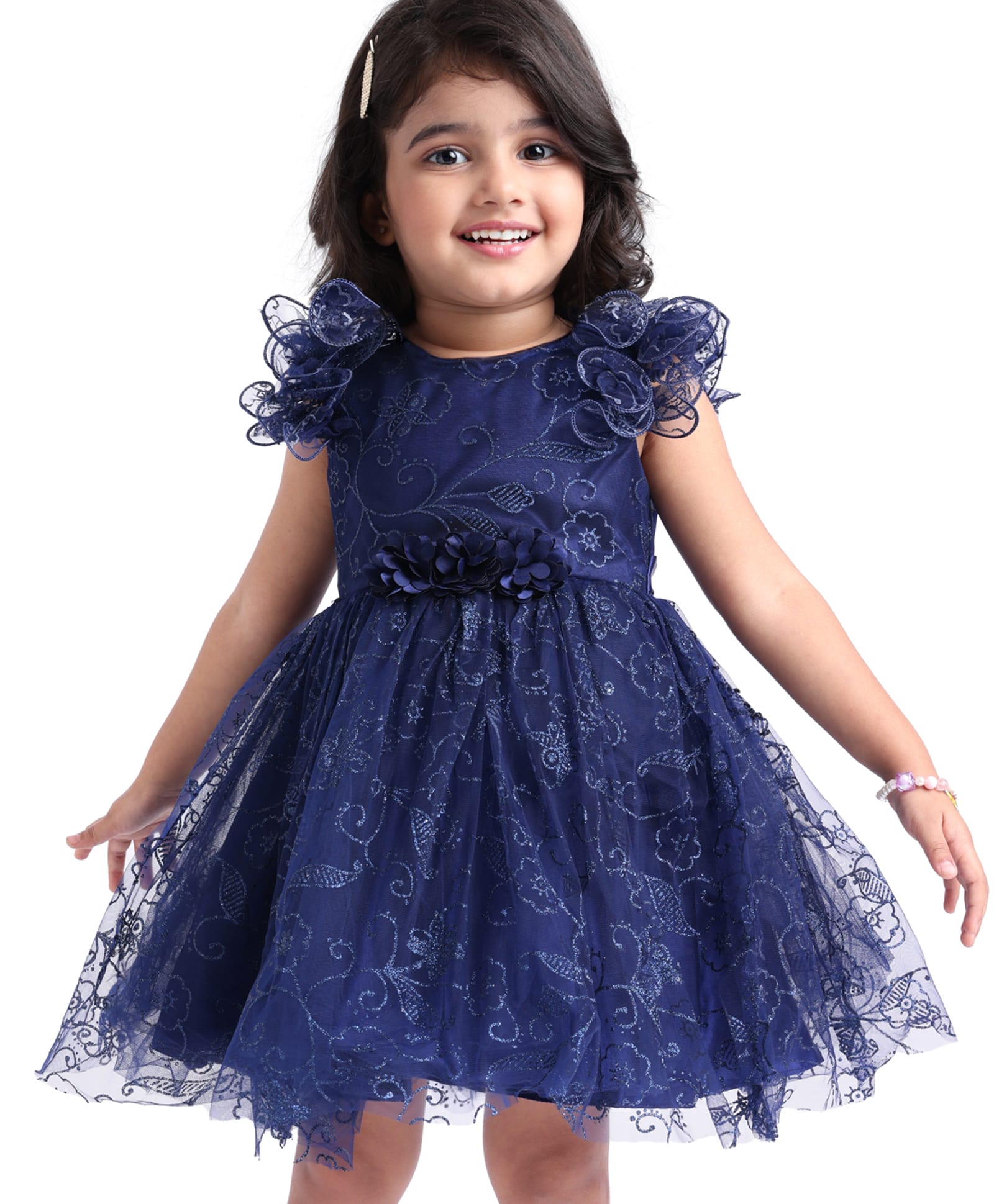 Babyhug Woven Half Ruffle Sleeves Shimmered Fit & Flared Party Frock with Corsage Applique - Navy Blue-picture-10