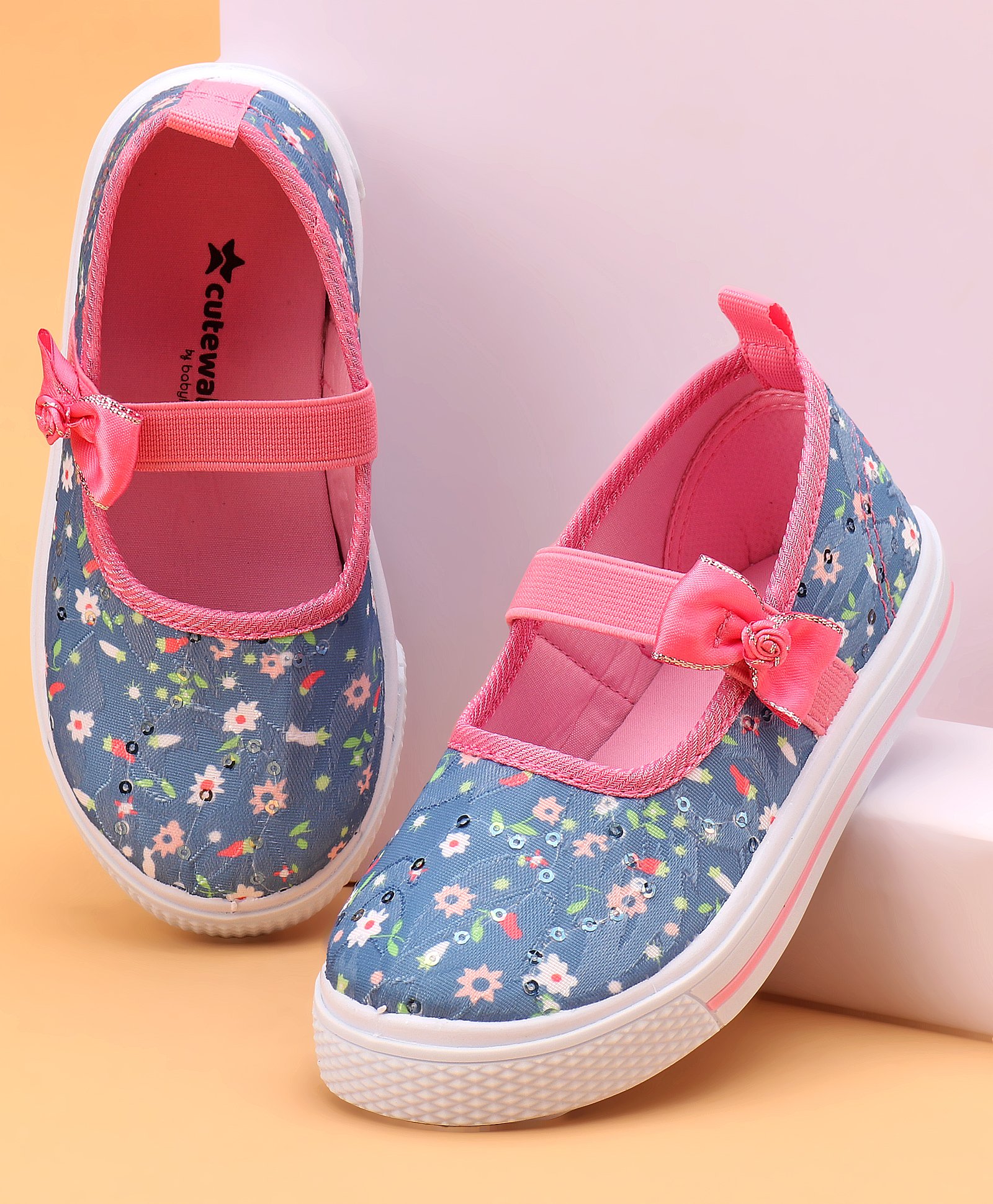 Cute Walk by Babyhug Slip On Casual Shoes With Bow Applique & Floral Print- Blue