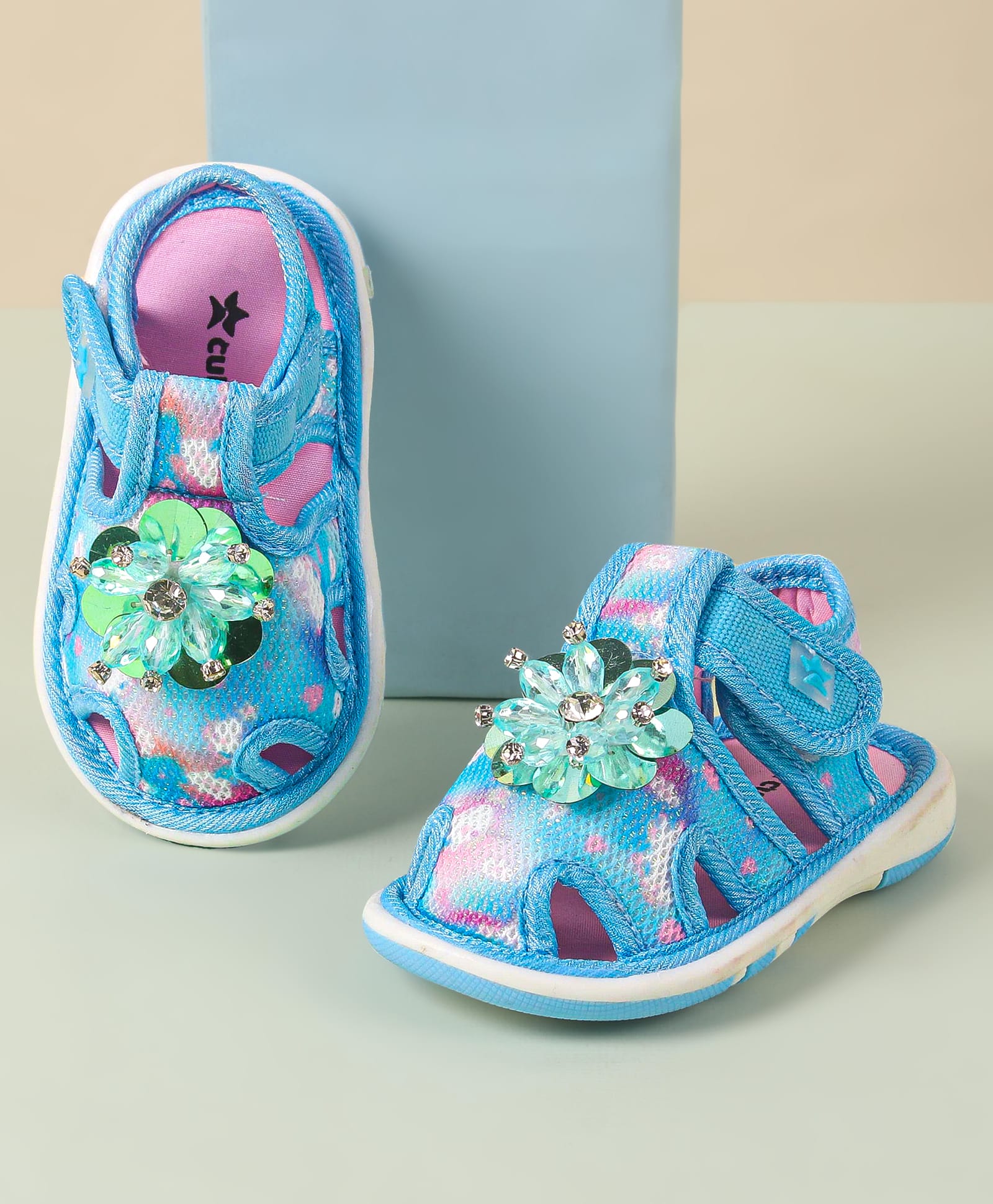 Cute Walk by Babyhug Velcro Closure Musical Sandal with Stone Floral Applique - Blue-picture-13