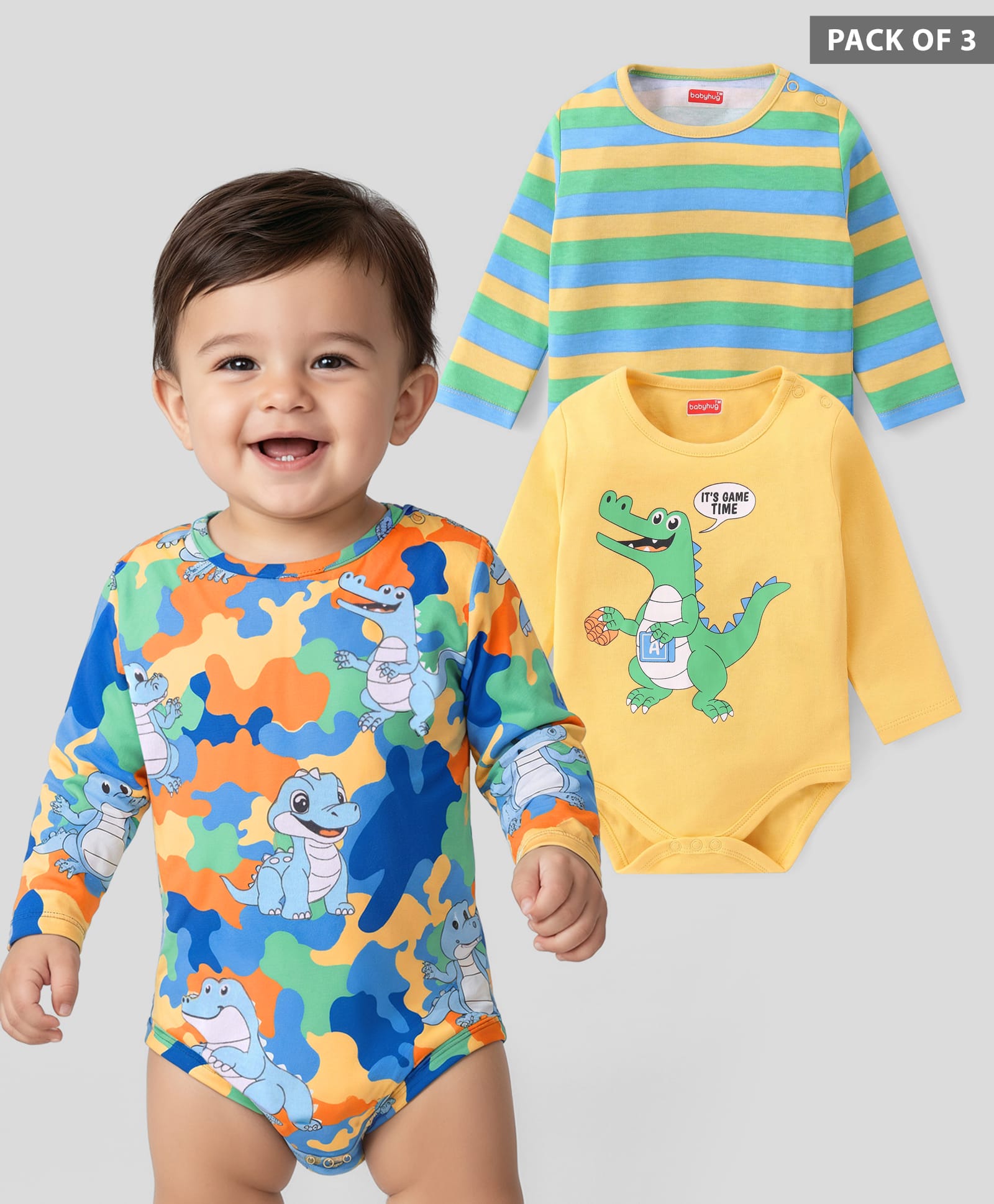 Babyhug 100% Cotton Full Sleeves Onesies Crocodile Print Pack of 3 -Blue Yellow & Green-image-19