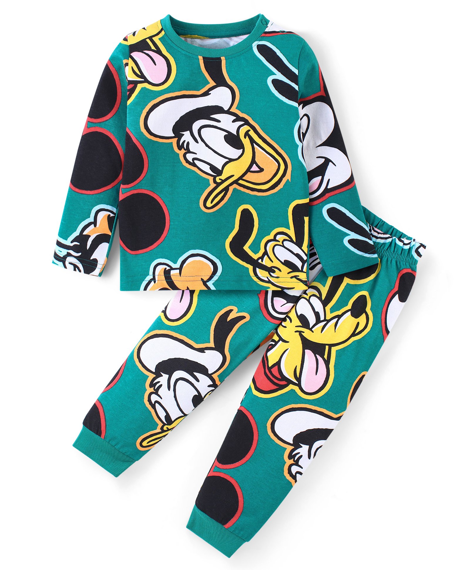 Babyhug Disney Cotton Knit Full Sleeves Night Suit With Mickey Mouse & Friends Print - Dark Green-picture-25