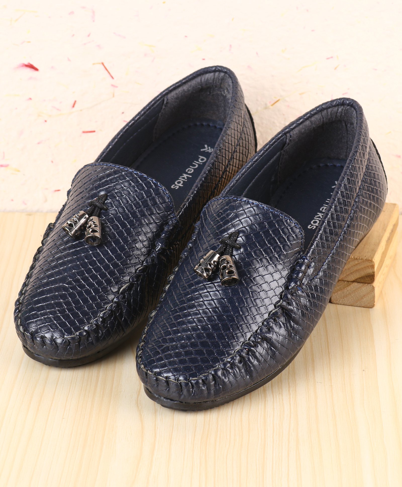 Pine Kids Slip On Loafers with Checkered Design & Appliques - Navy Blue