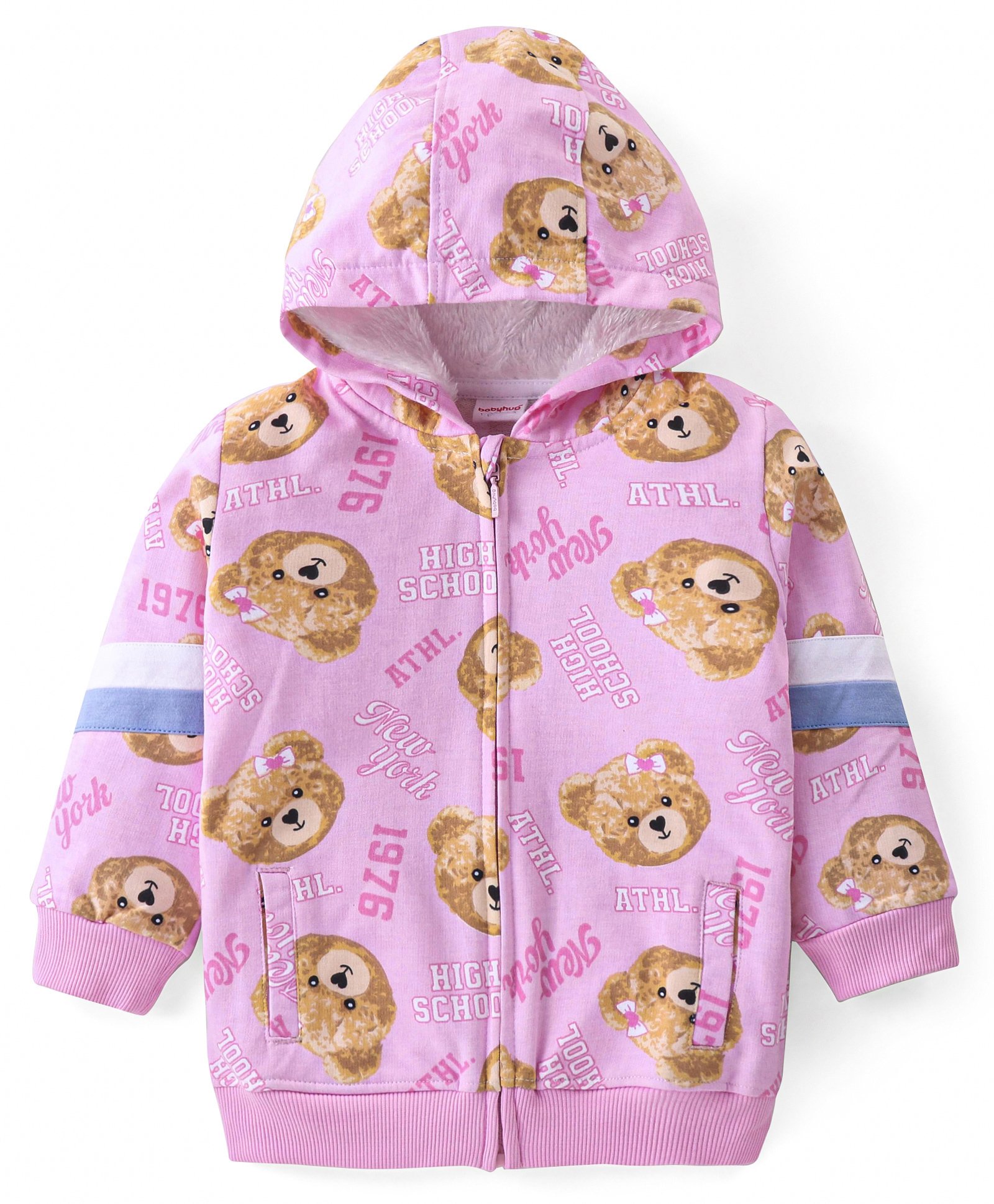 Babyhug Cotton Knit Full Sleeves Hooded Sweatjacket with Bear Print & Front Zipper - Pink-picture-15