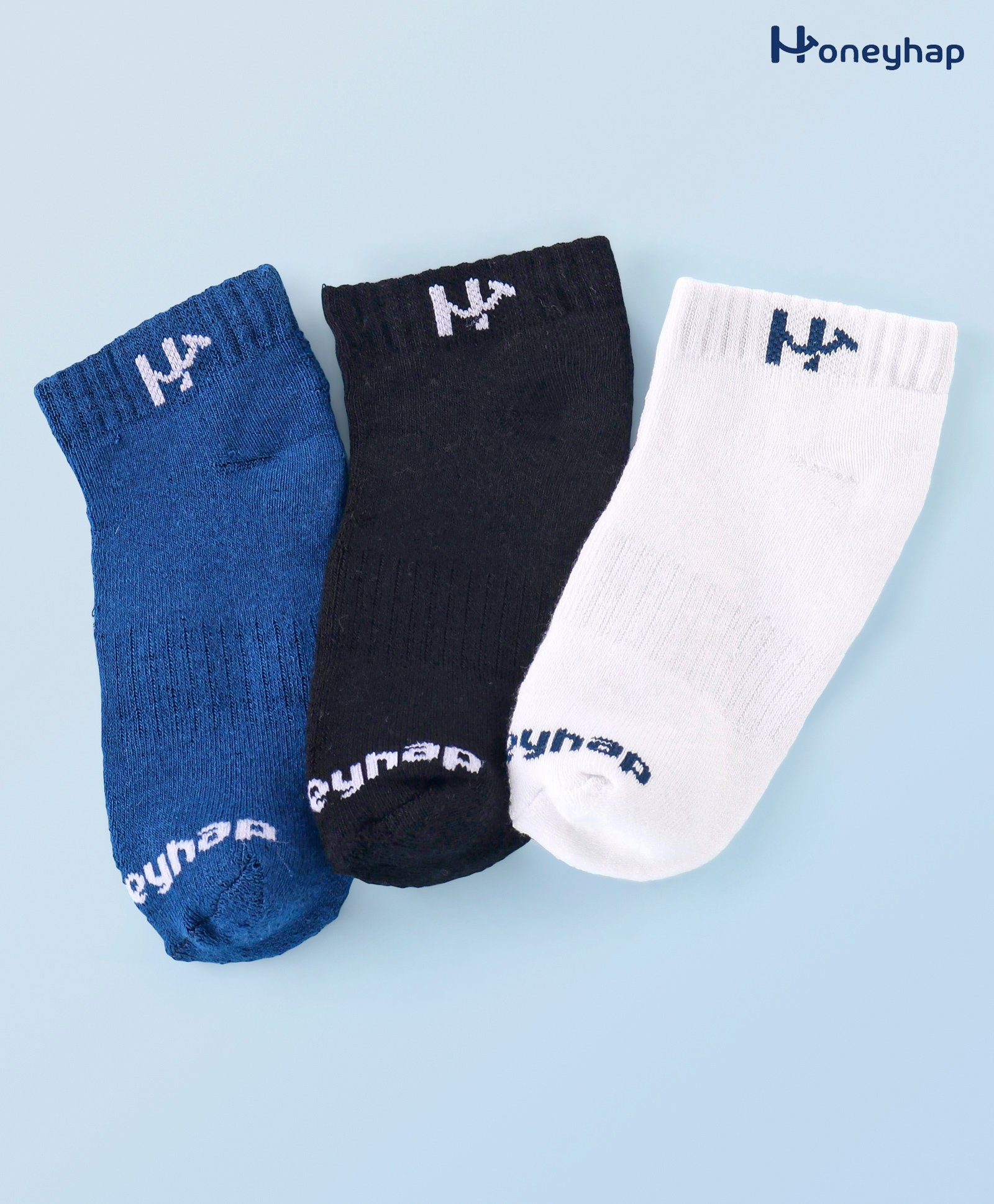 Honeyhap Premium Cotton Knit Ankle Length Text Design Socks Pack of 3 - White Black Blue-picture-22