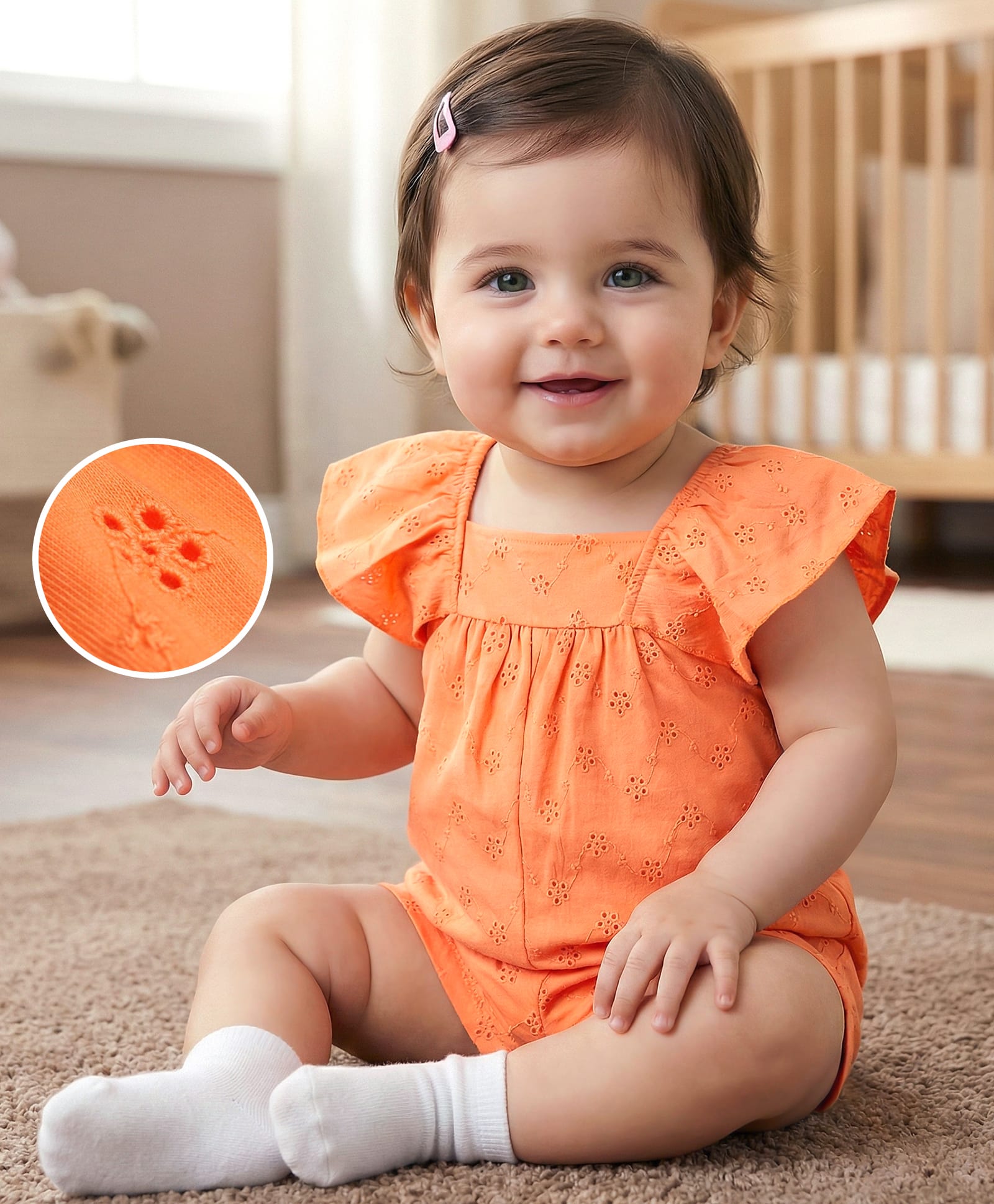 Babyoye Cotton Knit Half Sleeves Embroidered Schiffli Jumpsuits -Orange-picture-25