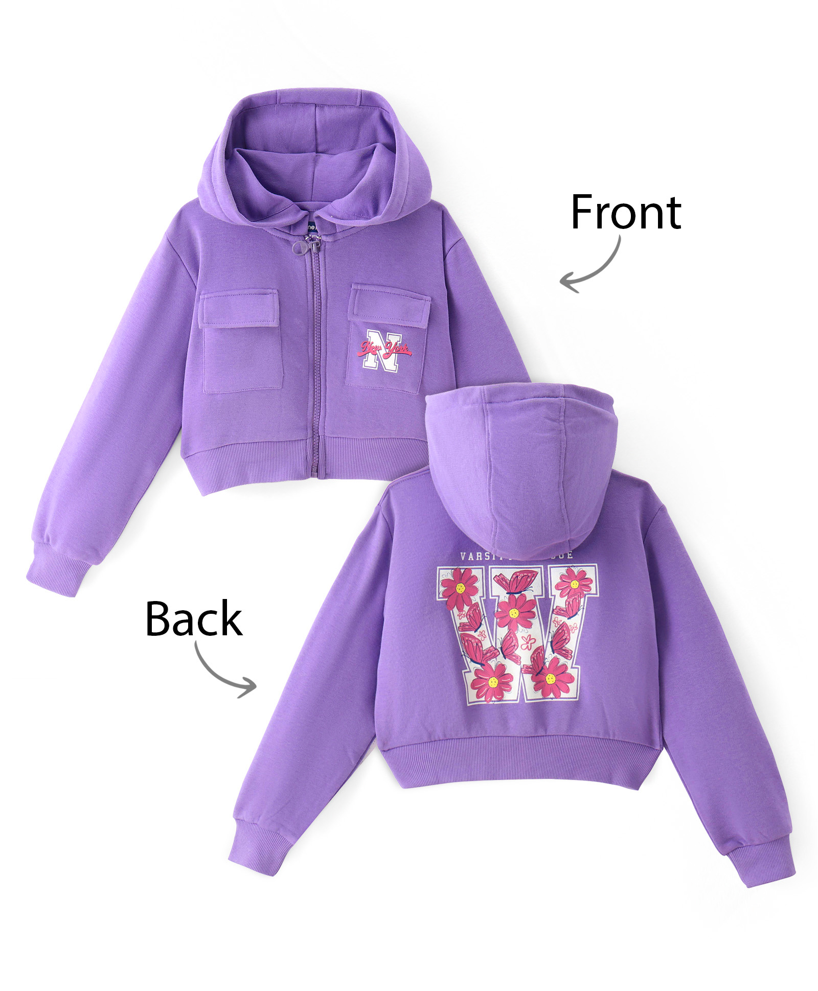 Pine Kids Cotton Knit Full Sleeves Front Open Hooded Sweatjacket with Front Back Floral & Text Print Print - Purple-picture-13