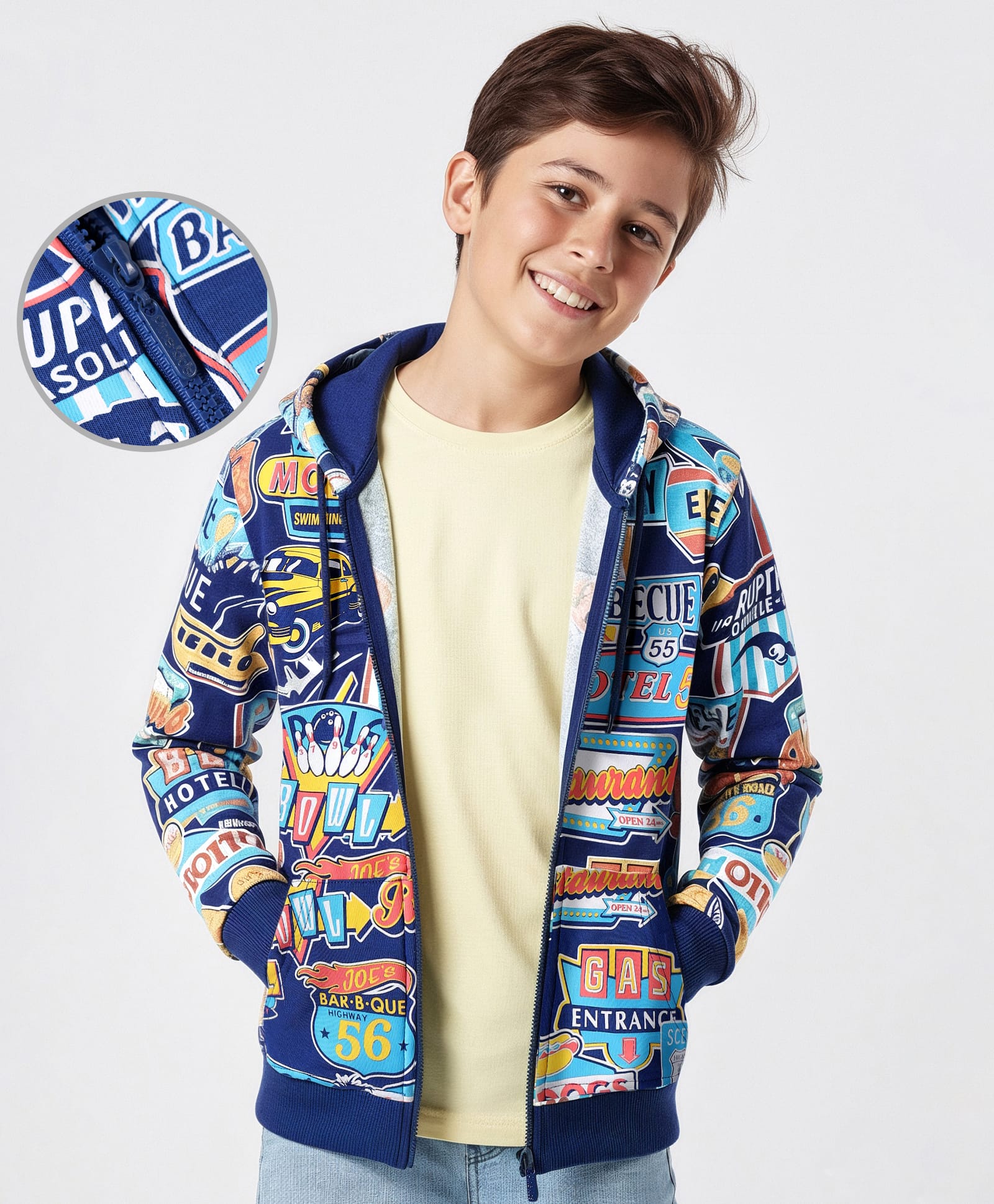 Pine Kids Cotton Knit Full Drop Shoulder Sleeves Text Printed Hooded Sweatjacket & Kangaroo Pocket - Navy Blue-picture-29