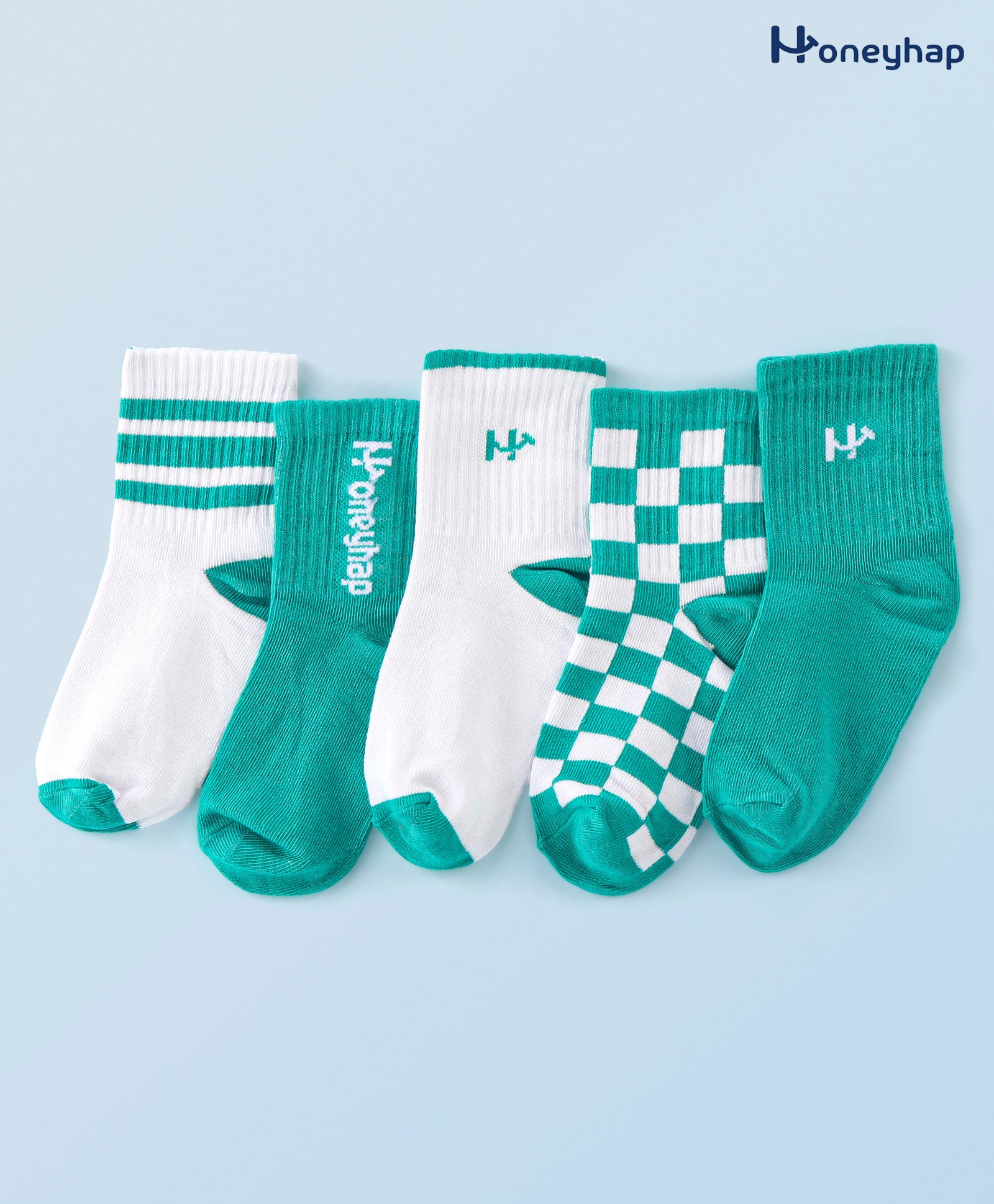 Honeyhap Premium Cotton Bamboo Spandex Checkered & Striped Socks With Bio Finish Pack of 5 - Green & White-picture-30