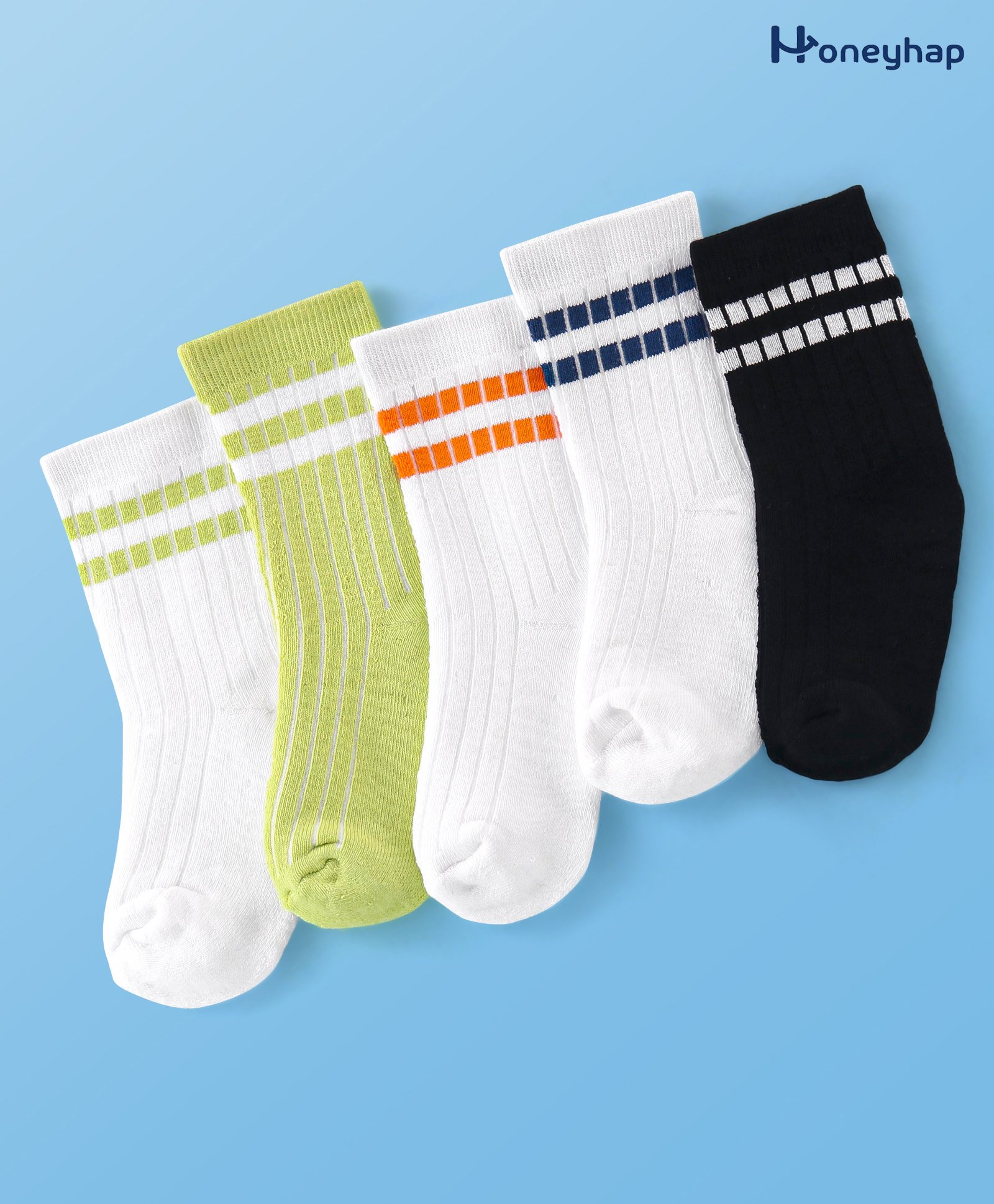 Honeyhap Premium  Cotton Knit Ankle Length Solid Color Socks with Bio Finish Pack of 5 - Green White & Black-image-37