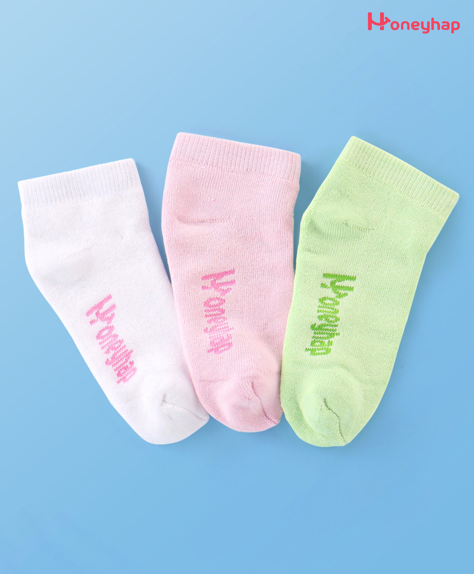 Honeyhap Premium  Cotton Knit Ankle Length Solid Color Socks with Bio Finish Pack of 3 - Pink White & Charlock-image-32