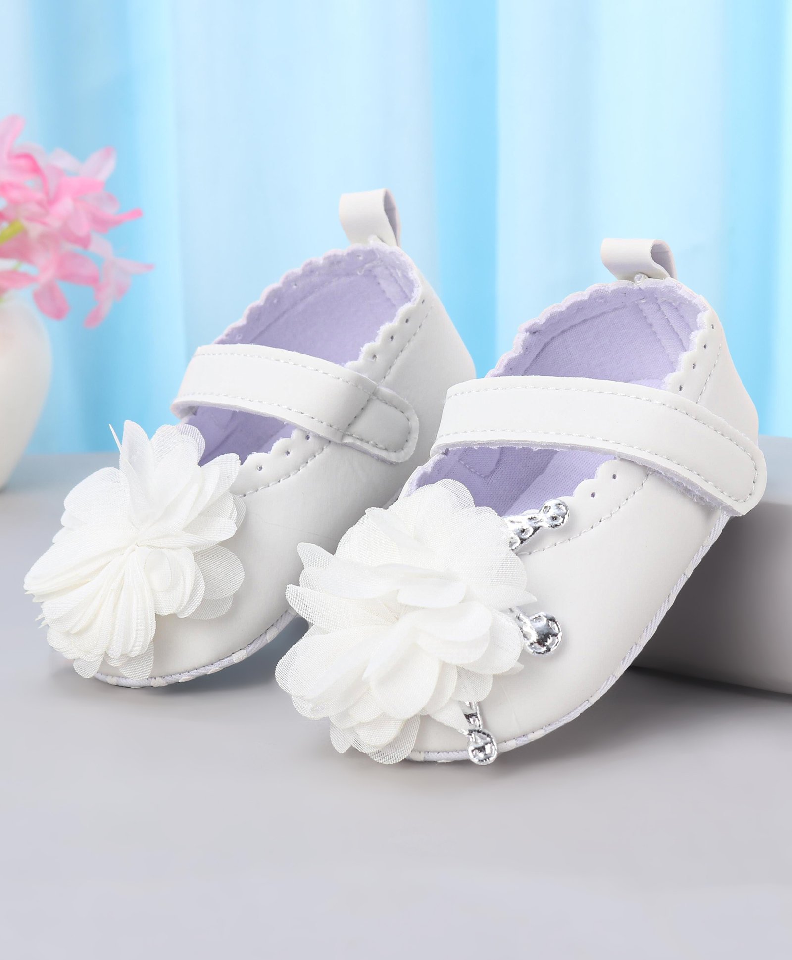 Cute Walk by Babyhug Slip On Booties with Floral Corsage & Velcro Closure - White-picture-24