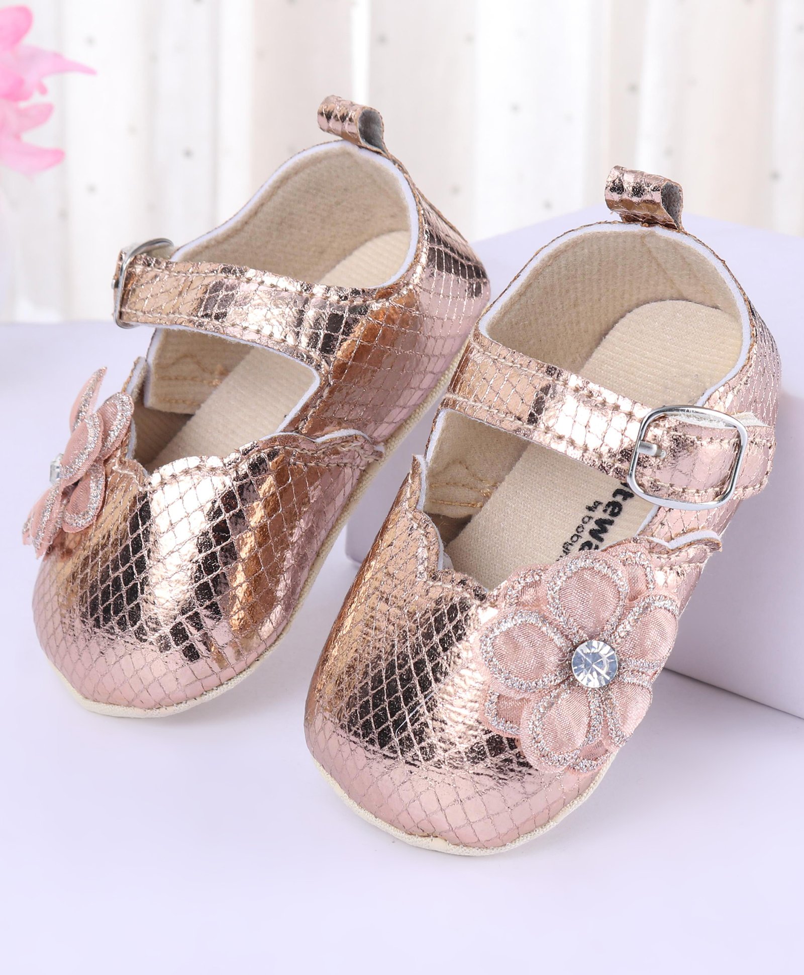 Cute Walk by Babyhug Velcro Closure Textured & Floral Applique Ballerina Booties - Gold-image-42