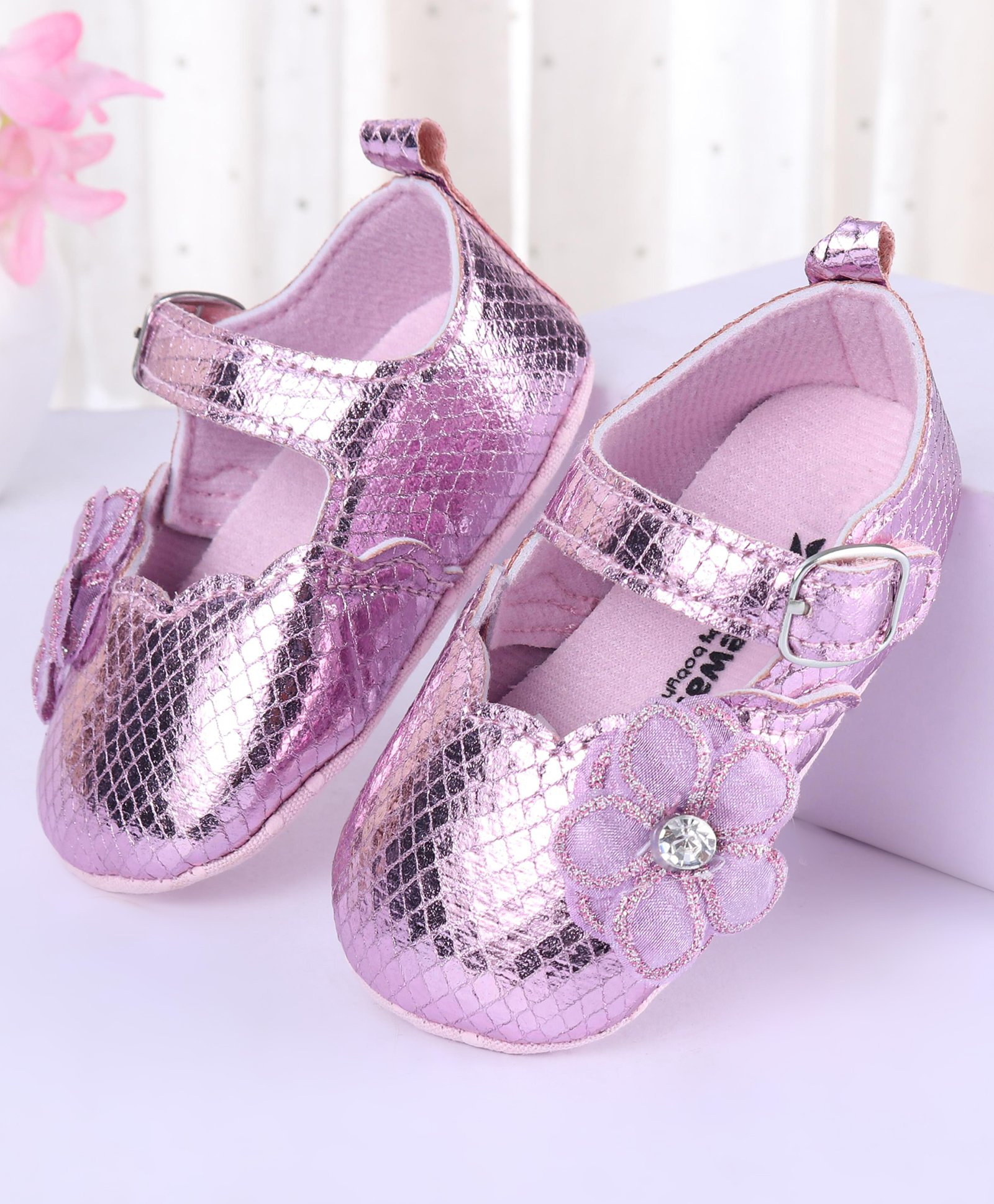 Cute Walk by Babyhug Velcro Closure Textured & Floral Applique Ballerina Booties - Purple-image-43